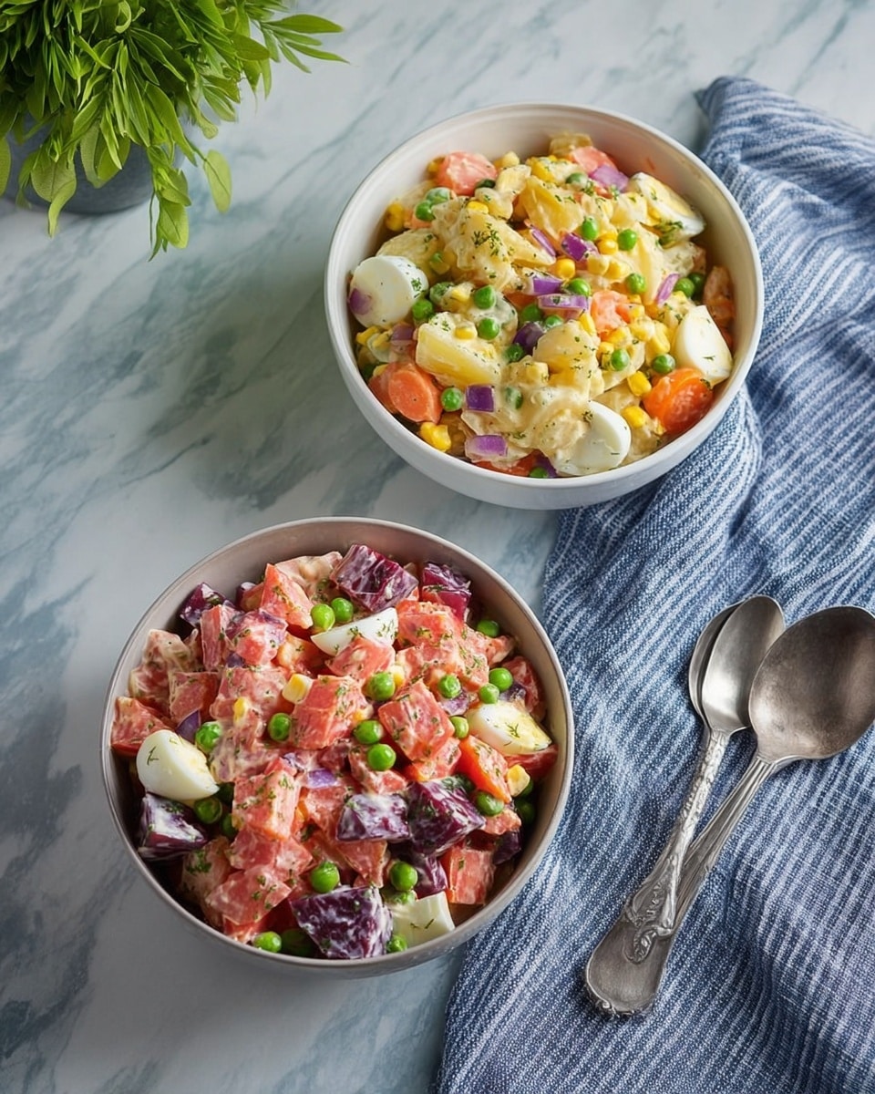 The image shows two white bowls on a white marbled surface, each filled with a chunky mixed salad. The top bowl contains a salad with layers of pale yellow potato pieces, bright orange carrots, green peas, yellow corn, and white egg slices with purple onion bits, all mixed with a creamy dressing. The bottom bowl has a salad with layers of pinkish light salmon pieces, deep purple beets, orange carrots, green peas, and yellow corn, also dressed with something creamy. Nearby, two silver spoons rest on the surface, and a blue and white striped cloth lies beside the bowls. There is a green leafy plant in the top left corner. Photo taken with an iphone --ar 4:5 --v 7