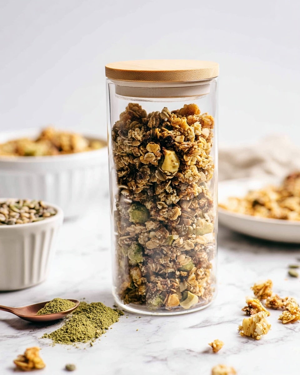 A tall clear glass jar with a light wooden lid is filled with chunky granola that has a mix of light brown, greenish, and golden clusters. Around the jar on the white marbled surface, there are scattered small granola pieces and a copper spoon holding green powder. In the blurry background, there is a white bowl filled with more granola and a small white ramekin holding some seeds. The scene looks bright and clean with natural light. photo taken with an iphone --ar 4:5 --v 7