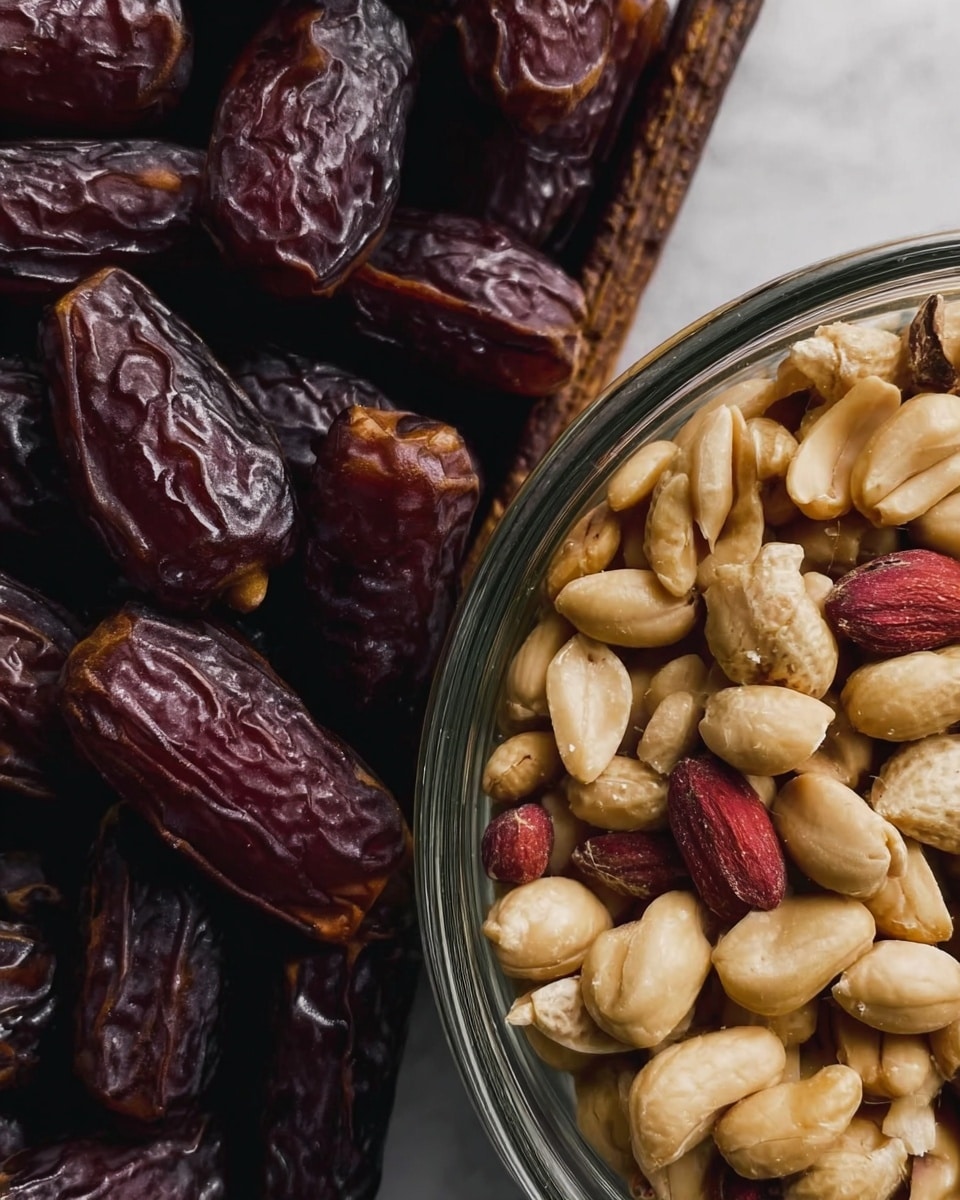 The image shows a close-up of dark brown dates closely packed on the left side, with a smooth and slightly shiny texture. On the right side, there is a clear glass container filled with light beige peanuts, some with red skins, with a rough and slightly uneven texture. Both elements rest on a white marbled surface. The contrast between the deep dark color of the dates and the pale tones of the peanuts creates a striking visual balance. Photo taken with an iphone --ar 4:5 --v 7