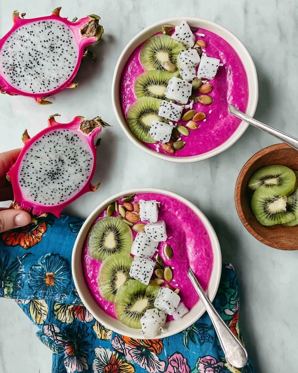Two white bowls hold creamy bright pink smoothie bowls over a white marbled surface with a blue cloth printed with large flowers between them. Each bowl has a smooth thick pink base topped with three light green kiwi slices placed in a row on one side, a line of white dragon fruit cubes with black seeds in the center, and a few whole brown almonds and green pumpkin seeds scattered mainly on the dragon fruit. Some shredded white coconut is sprinkled on top. One bowl has a silver spoon resting inside with a woman's hand holding it. To the side is half a dragon fruit showing its white flesh dotted with black seeds and a small wooden bowl with extra dragon fruit cubes and a slice of kiwi. Photo taken with an iphone --ar 4:5 --v 7