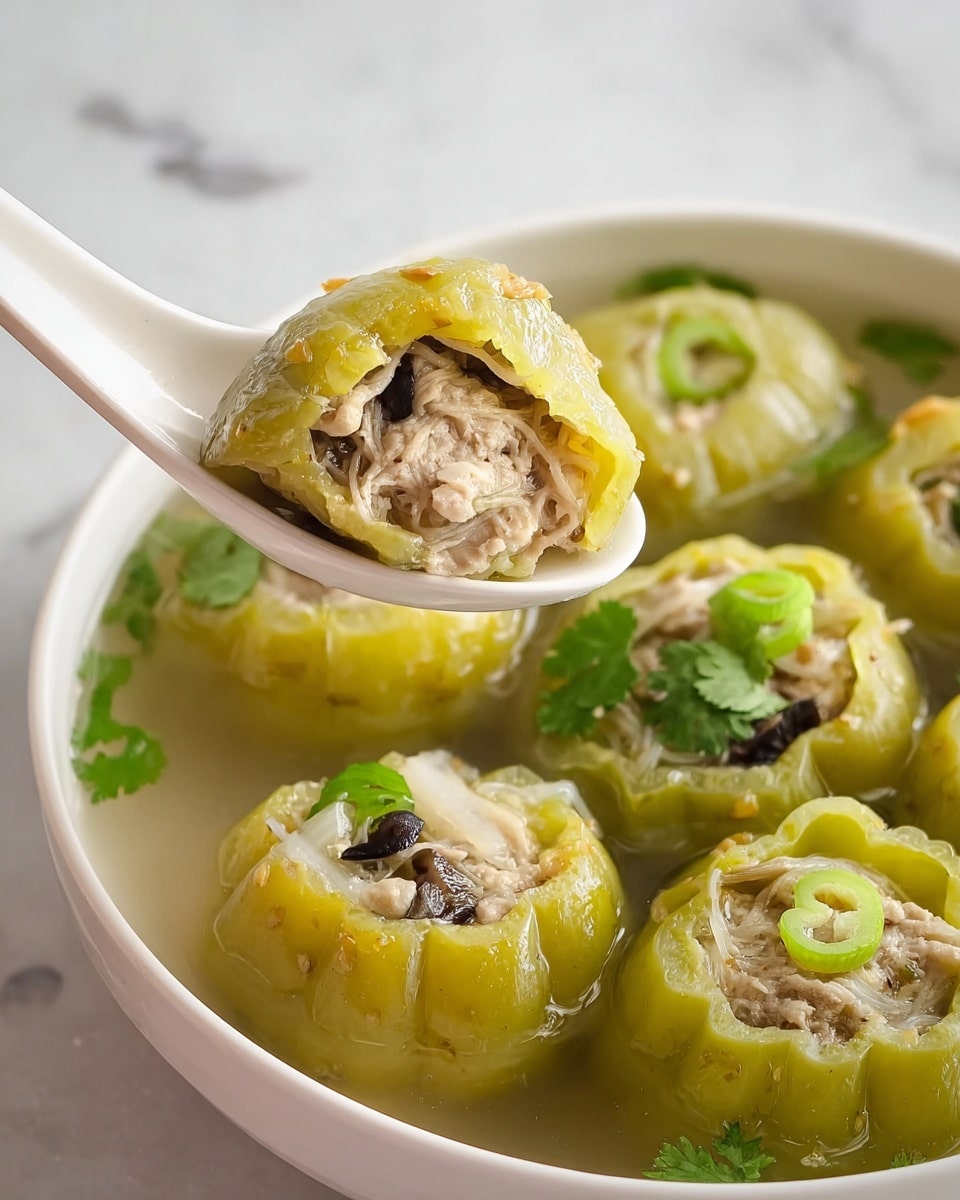 The image shows several pieces of pale green bitter melon stuffed with a light beige meat and mushroom mixture, with some thin white vermicelli strands visible inside. The bitter melon pieces are cut into thick sections with scalloped edges and are placed in a clear broth with floating green cilantro leaves and green onion slices. One piece is held above the bowl by a white spoon, showing the filling inside clearly. The background surface has a white marbled texture. photo taken with an iphone --ar 4:5 --v 7
