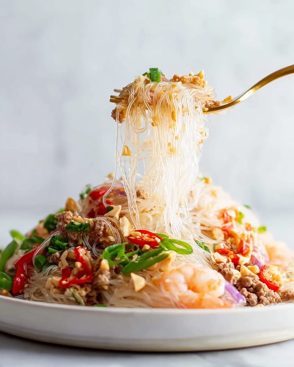 A white plate filled with a layered dish starts with a base of translucent thin rice noodles that look soft and slightly shiny. On top of the noodles, there are small crumbles of light brown cooked meat mixed with bright red chili pieces, thinly sliced purple onion, and bits of green vegetables, adding pops of color. Some whole peanuts are scattered on the dish for texture. At the back of the plate, a few pink shrimp rest, their tails curled. A gold fork lifts a tangled bunch of the noodles covered in meat and vegetables, hovering above the plate. The dish sits on a white marbled surface with a blurred, light background. photo taken with an iphone --ar 4:5 --v 7