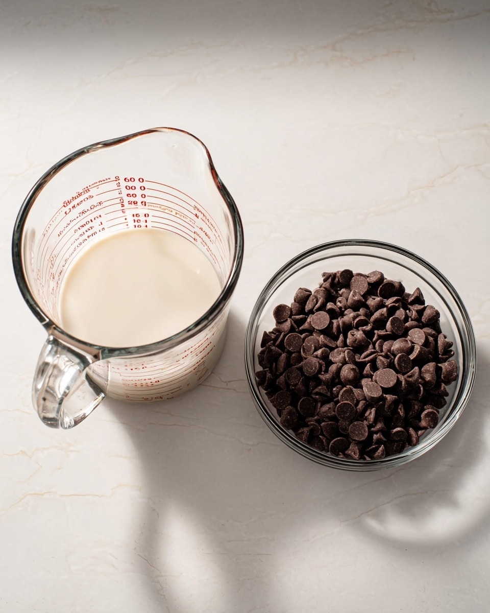 A clear glass measuring cup filled nearly to the top with smooth, light cream sits on a white marbled surface to the left. Next to it on the right, a clear glass bowl holds a pile of dark brown chocolate chips, each round and shiny, filling the bowl halfway. The background is softly lit, highlighting the textures of the creamy liquid and the solid chocolate pieces. photo taken with an iphone --ar 4:5 --v 7