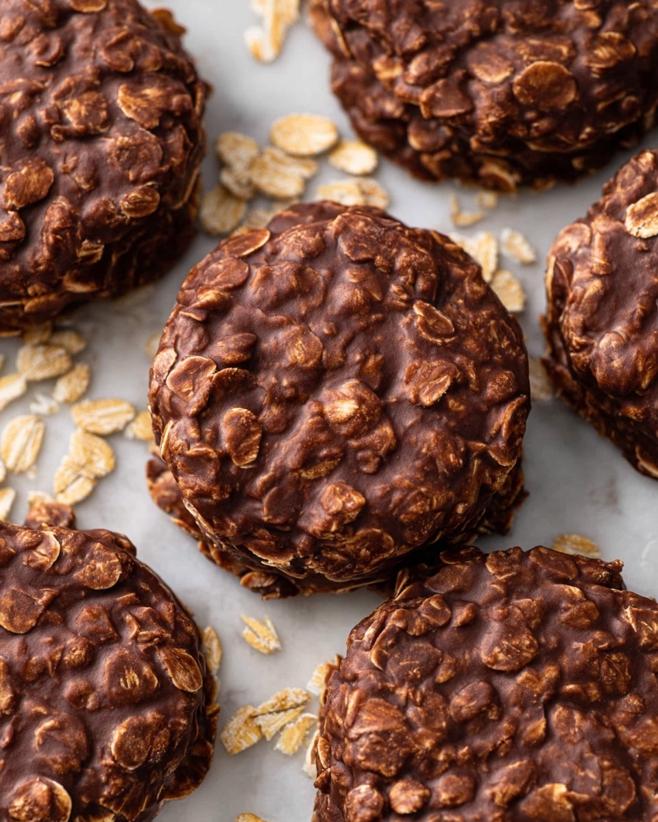 The image shows several round chocolate oatmeal no-bake cookies closely placed on a white marbled surface. Each cookie has a rich, dark brown chocolate layer with visible oat flakes embedded throughout, giving them a textured and grainy look. The cookies appear thick and soft, with their uneven surfaces highlighting the oats' shape, size, and light tan color contrasting against the darker chocolate. Scattered oats lie between the cookies, adding more texture and detail to the scene. photo taken with an iphone --ar 4:5 --v 7