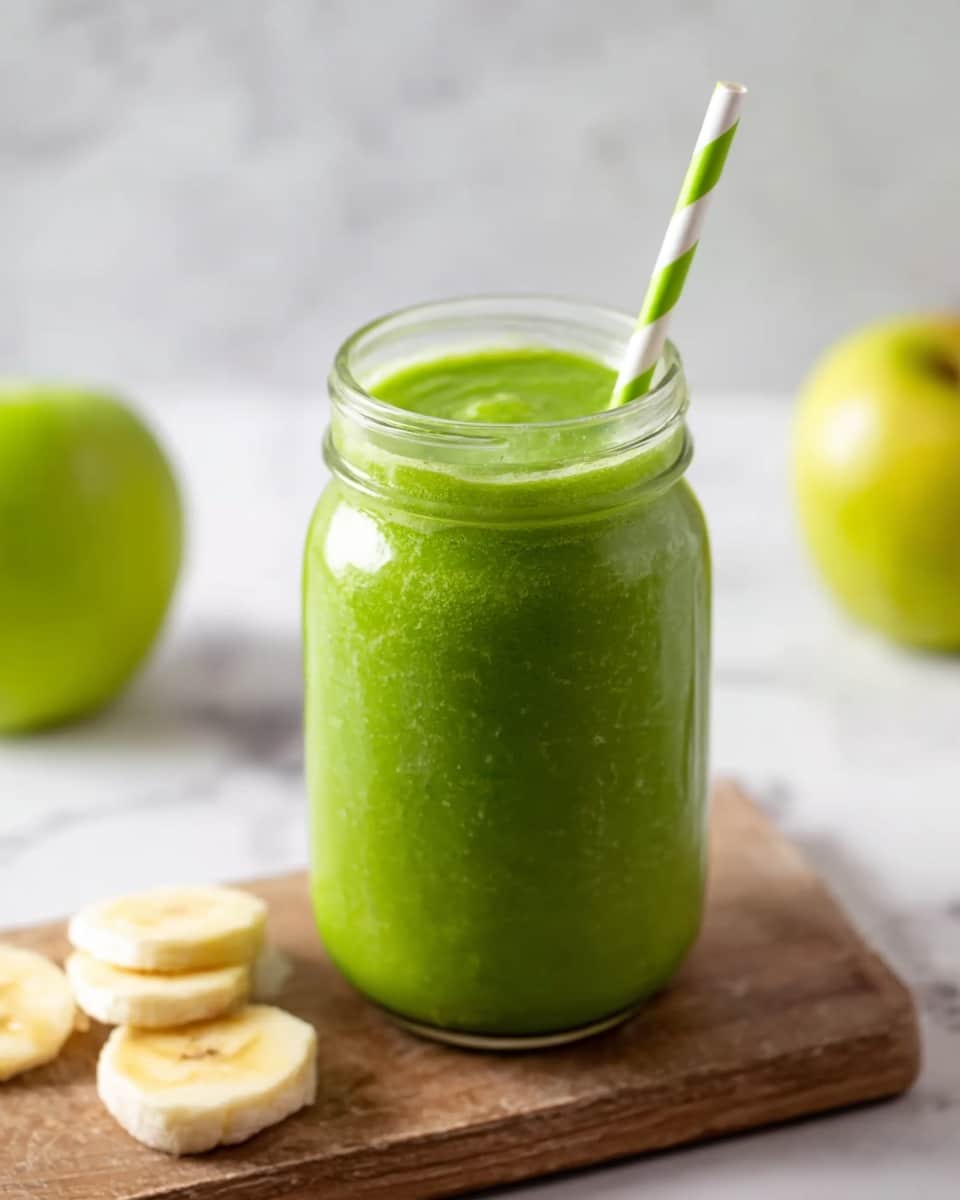 A clear glass jar filled with a thick, smooth, bright green smoothie. The smoothie fills the jar almost to the top, with a white and green striped paper straw sticking out. The jar sits on a small wooden board, next to a few slices of banana arranged in the lower left corner. In the background, a green apple is slightly out of focus on a white marbled surface. Photo taken with an iphone --ar 4:5 --v 7