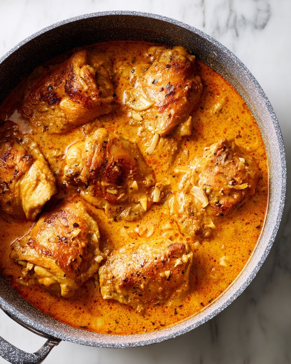 The image shows a gray speckled cooking pot filled with several pieces of chicken covered in thick, orange-colored sauce with a creamy texture. The chicken pieces are golden brown and partially submerged in the sauce, which has visible bits of chopped garlic or onion. The sauce coats each piece and fills the spaces between them, with slight bubbling and a rich, smooth consistency. The pot is placed on a white marbled surface, highlighting the warm colors of the dish. Photo taken with an iphone --ar 4:5 --v 7