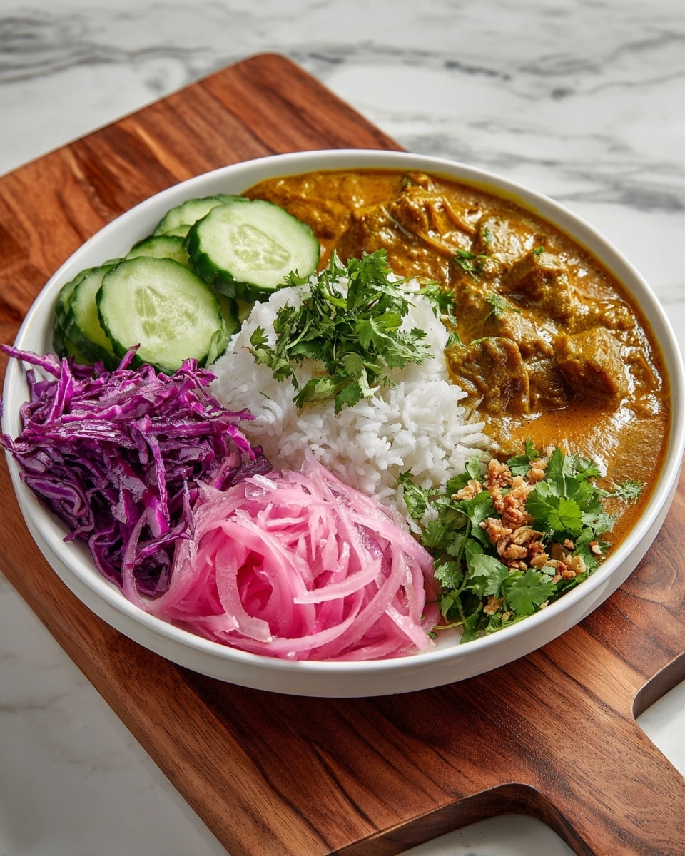 A white bowl shows four main layers arranged side by side: at the back is a hearty serving of thick, yellow-brown curry with small bits on top, next to it on the right is plain white rice, in front of the curry is a pile of bright purple shredded cabbage, in the middle front are green cucumber slices arranged overlapping each other, and to the right front is a portion of pink pickled onions with green herb leaves on top, all garnished with small crunchy bits and fresh cilantro sprigs. The bowl sits on a wooden board with a white marbled texture surface around it. Photo taken with an iphone --ar 4:5 --v 7