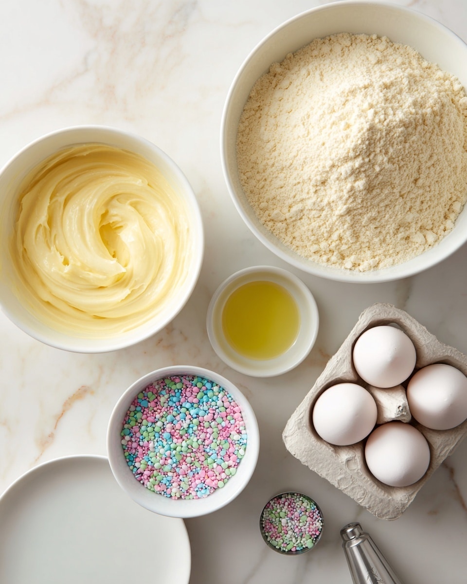 The image shows ingredients for baking arranged neatly on a white marbled surface. There is a large white bowl filled with light beige flour with a crumbly texture at the top right. To its left, a white bowl holds smooth, creamy pale yellow batter with soft peaks. Below the batter bowl, a smaller white bowl contains a clear yellow liquid, likely oil. In the center bottom, an empty white plate is placed. On the right side, there is a white carton holding three white eggs. Next to it, a small white bowl is filled with colorful round and cylindrical sprinkles in pastel pink, green, blue, yellow, and white. A metal piping nozzle sits beside the sprinkle bowl. The colors are soft and the texture details are clear, photo taken with an iphone --ar 4:5 --v 7