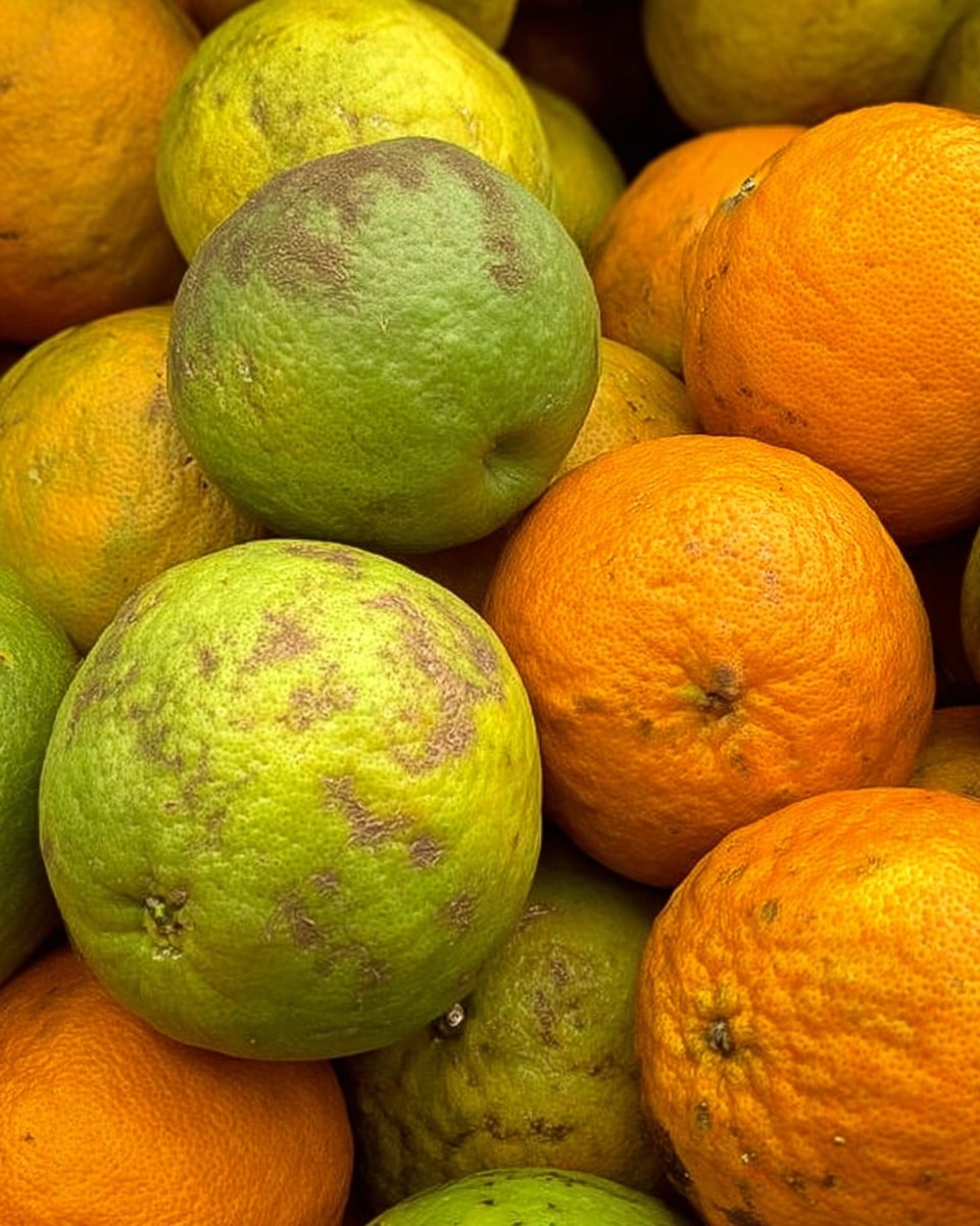The image shows a close-up pile of round oranges and greenish-yellow citrus fruits with rough and slightly bumpy skin. The fruits have uneven color patches, some showing spots and slight blemishes. The oranges are mostly bright orange, while the greenish-yellow fruits have a mix of light green and yellow hues. The textures of the skins are rugged with visible small pits and natural markings. The fruits are tightly packed together, filling the frame with no background visible other than the fruits themselves. photo taken with an iphone --ar 4:5 --v 7