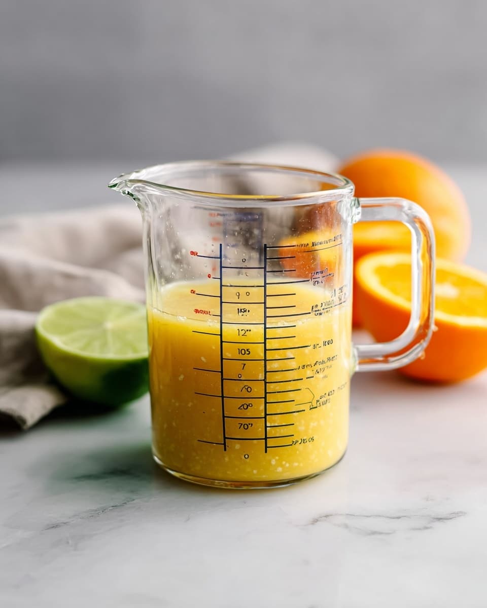 A clear glass measuring cup with black measurement marks holds about one cup of thick, yellow-orange liquid with small pulp pieces, likely fresh juice. On the left side of the cup, there is a half lime with a bright green rind and juicy light green interior. Behind it is a half orange with a vibrant orange rind and juicy orange interior. The measuring cup sits on a white marbled surface with a soft focus background that shows a slightly blurred light gray cloth and another orange half. The light is soft and natural, highlighting the textures of the juice and fruit. Photo taken with an iphone --ar 4:5 --v 7