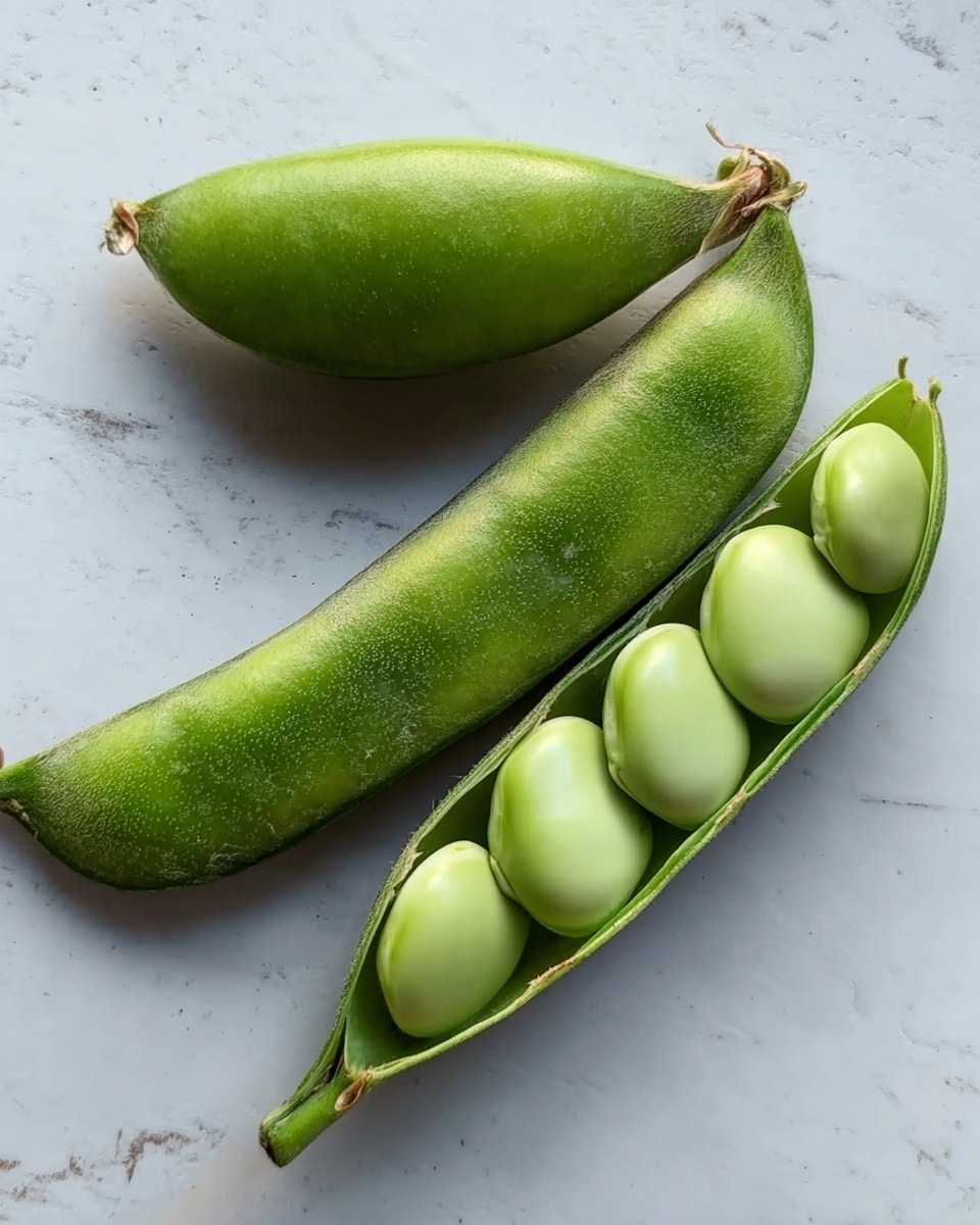 The image shows two green pods on a white marbled surface, with one pod fully closed and the other pod open to reveal five light green, smooth beans inside. The open pod’s inside is a lighter green color with a soft, slightly fuzzy texture. The closed pod has a fresh, bright green color with a smooth surface and slight curve. The white marbled background gives a clean and natural look to the fresh produce photo taken with an iphone --ar 4:5 --v 7
