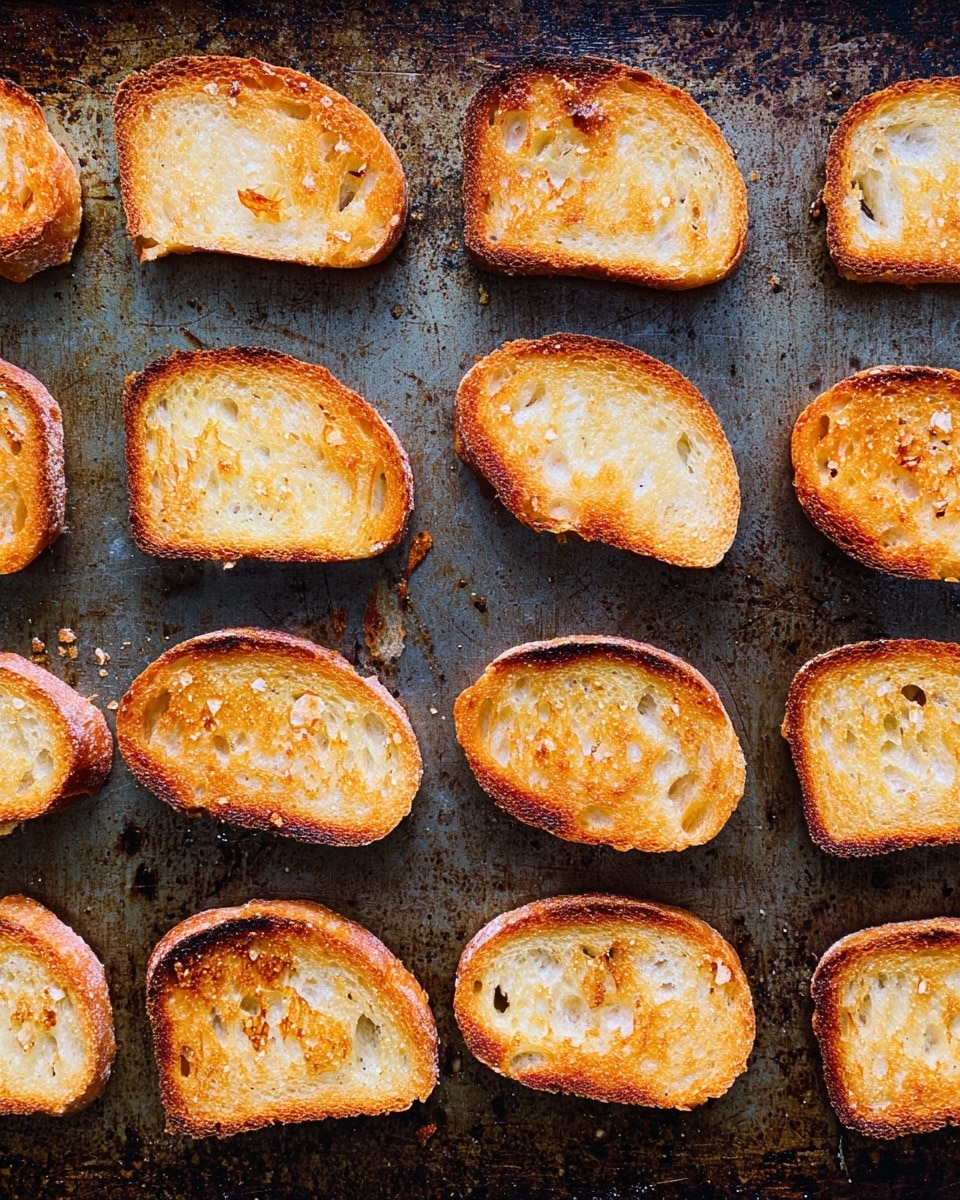 The image shows two neat rows of toasted bread slices arranged on a dark, used baking tray. Each slice is golden brown with slightly darker edges, displaying a crispy texture with a few small holes and an uneven surface typical of rustic bread. The bread pieces have a light, creamy interior and a crunchy crust, and they all face upwards, highlighting the toasted surfaces. The tray underneath has patches of darker browning and some areas with worn spots, giving it a well-used look. photo taken with an iphone --ar 4:5 --v 7