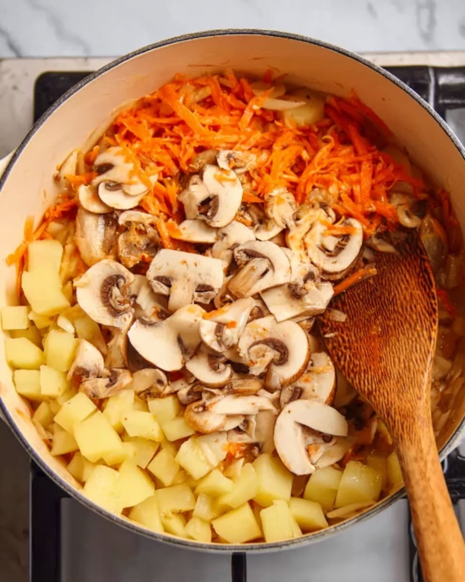 The image shows a large white cooking pot filled with several layers of vegetables. The bottom layer has small yellow cubes, likely potatoes, with a smooth texture. Above that, there is a layer of bright orange shredded carrots that look soft. On top, thin slices of light brown mushrooms with white undersides and gills are mixed evenly. A wooden spoon with a warm brown color is resting on the right side of the pot, stirring the mix. The background is a white marbled stove surface. photo taken with an iphone --ar 4:5 --v 7