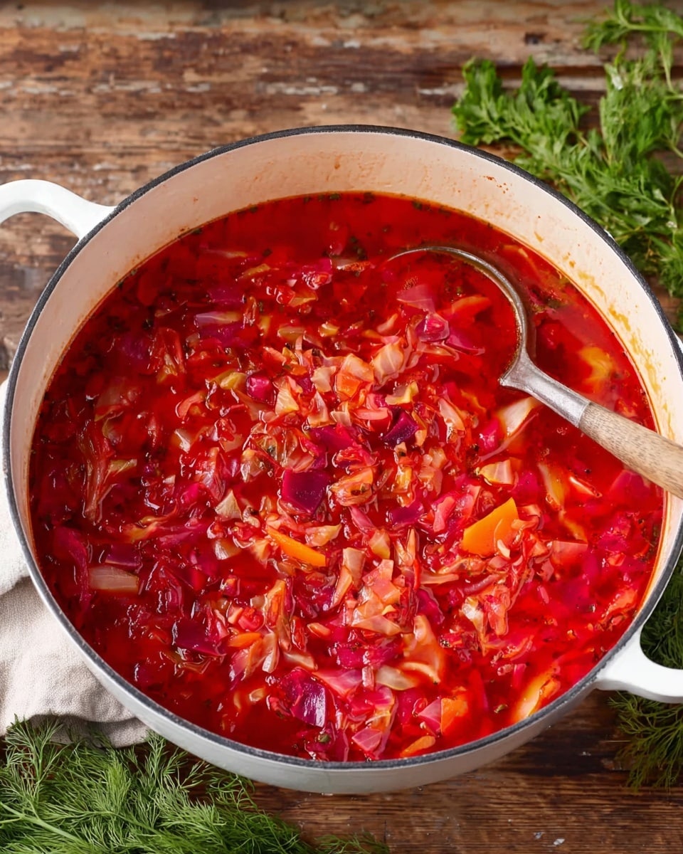 A large white pot filled with bright red soup sits on a wooden surface, the soup containing visible layers of chopped vegetables like cabbage, beetroot, and carrots, all mixed in a rich, thick broth. The texture is chunky with pieces of soft cooked vegetables floating evenly throughout. A metal spoon rests inside the pot, partially submerged in the soup, and fresh green dill is visible just off to the side. The background is a white marbled texture photo taken with an iphone --ar 4:5 --v 7