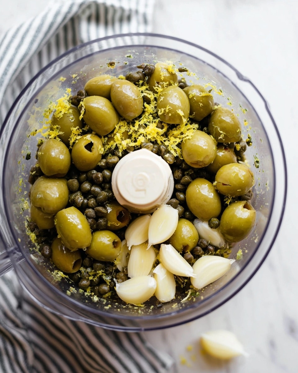 The image shows a close-up top view of a food processor bowl filled with several layers of ingredients. The bottom layer consists of shiny green olives, whole with some pitted, covering most of the base. Scattered throughout the olives are small dark green capers, adding texture and contrast. On top, there are five peeled garlic cloves, placed unevenly around the bowl. Small pieces of yellow lemon zest are sprinkled across the olives, capers, and garlic, adding bright specks of color. The food processor is placed on a white marbled surface, with a striped towel on the left edge. Photo taken with an iphone --ar 4:5 --v 7