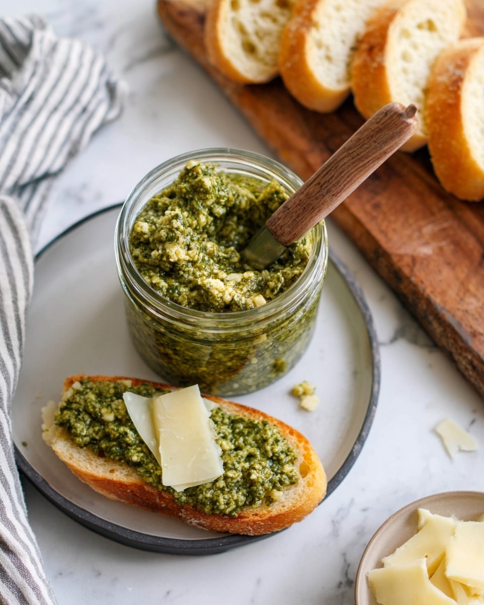 A clear glass jar sits in the middle, filled with a chunky green pesto with visible bits of nuts and herbs, with a wooden spreader partially inside the jar on the right side. In front of the jar, on a white plate with a dark edge, is a toasted slice of baguette spread with the same pesto and topped with a thin, pale yellow cheese slice. Behind the jar are three more toasted baguette slices resting on a wooden board, with one slice slightly elevated and closer to the top right corner. A small bowl with more pale cheese slices is partially visible on the right edge. The setting is on a white marbled surface with a striped cloth near the top left corner. photo taken with an iphone --ar 4:5 --v 7
