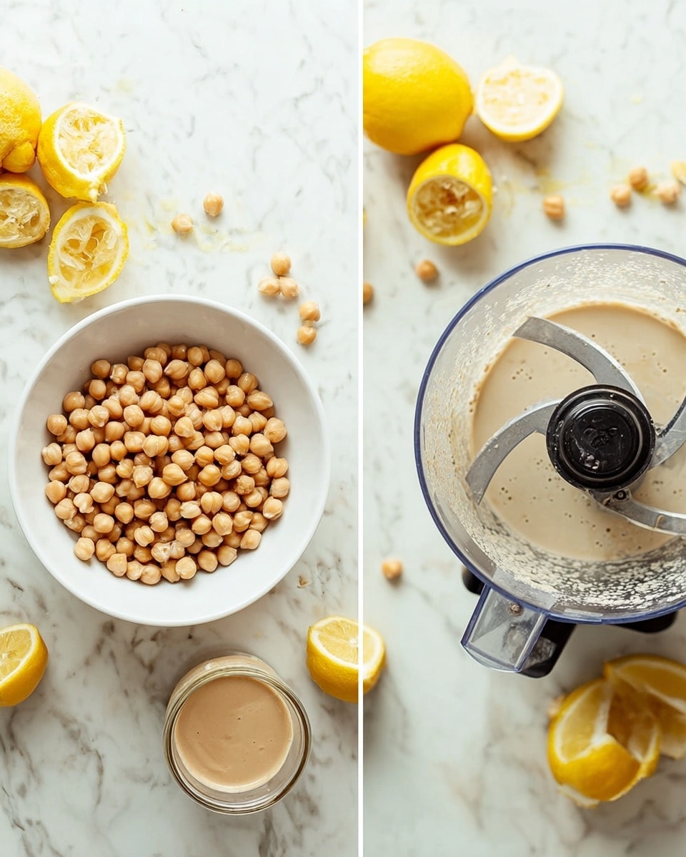 The image shows two vertical side-by-side photos on a white marbled surface. On the left, a white bowl filled with light brown chickpeas sits in the center, surrounded by squeezed lemon halves scattered around. Below the bowl is a container with a beige creamy sauce. On the right, a top-down view of a food processor with a sharp silver blade inside, filled with a light frothy liquid. Next to it are squeezed lemon halves and the same container with sauce from the other photo. Photo taken with an iphone --ar 4:5 --v 7