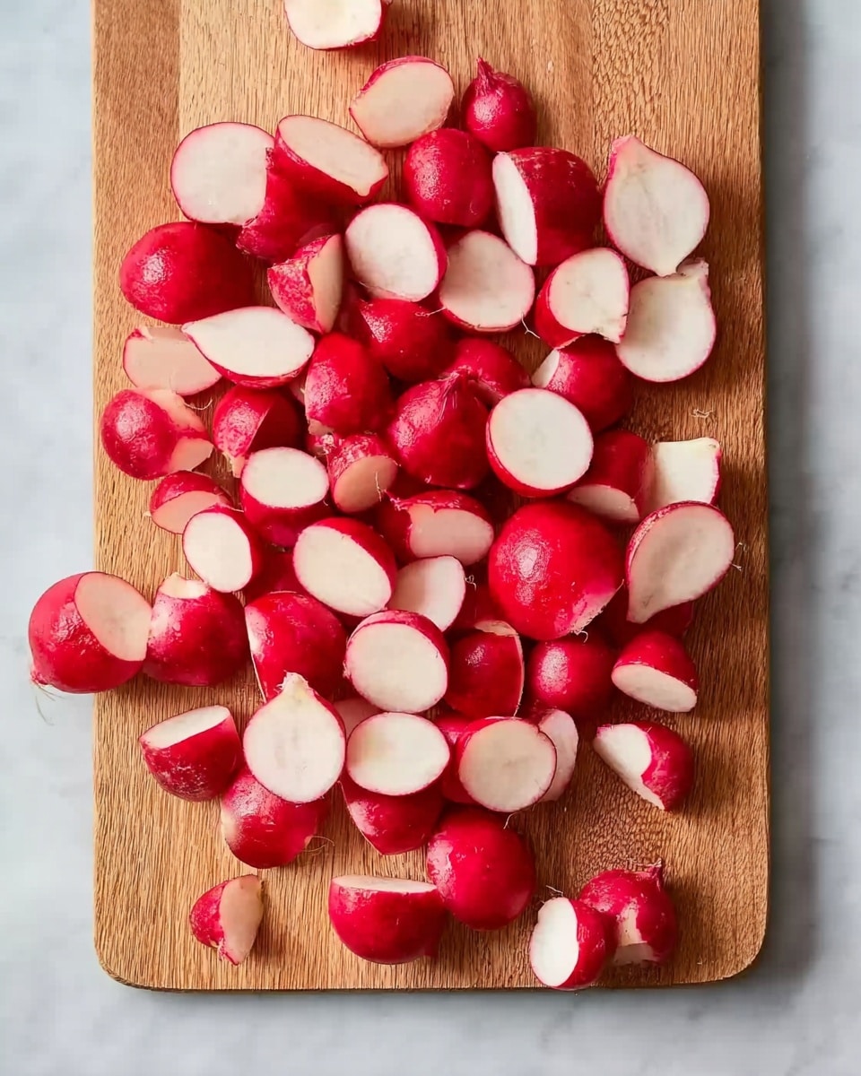 A wooden cutting board filled with many radishes that are cut in half, showing their bright red outer skin and white inner flesh. The radishes are spread unevenly across the board, which rests on a white marbled surface. The lighting is soft and natural, highlighting the fresh texture of the radishes and the smooth wood grain of the board. photo taken with an iphone --ar 4:5 --v 7
