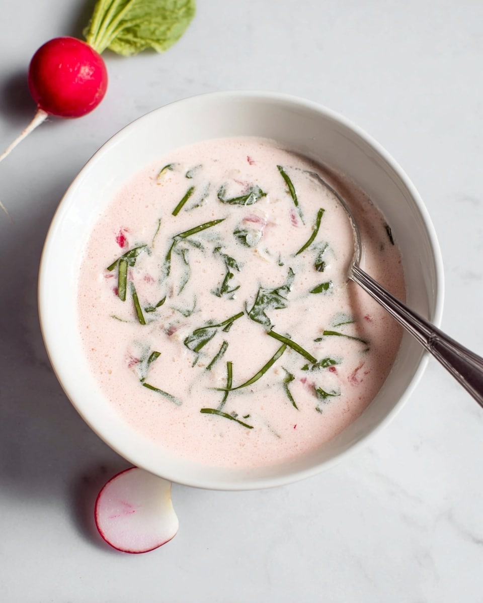 A white bowl filled with a creamy, light pink soup or sauce, topped with thin green herb strips spread evenly on the surface. A silver spoon rests inside the bowl on the right side, partially submerged in the soup. The bowl sits on a white marbled surface with a small red radish and a sliced piece of radish near the bowl's bottom edge. photo taken with an iphone --ar 4:5 --v 7