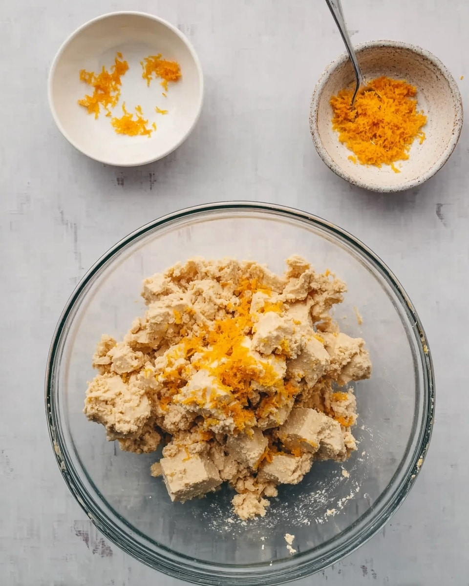 The image shows a clear glass bowl filled with light beige crumbled tofu mixed with a few pieces of similar colored tofu chunks, topped with finely grated bright orange zest. The bowl is placed on a white marbled surface. Above it, there are two small white bowls, one almost empty with just a few orange zest bits, and the other with some more grated orange zest. A woman's hand with a small fork is about to add zest from the small bowl to the mixture. photo taken with an iphone --ar 4:5 --v 7