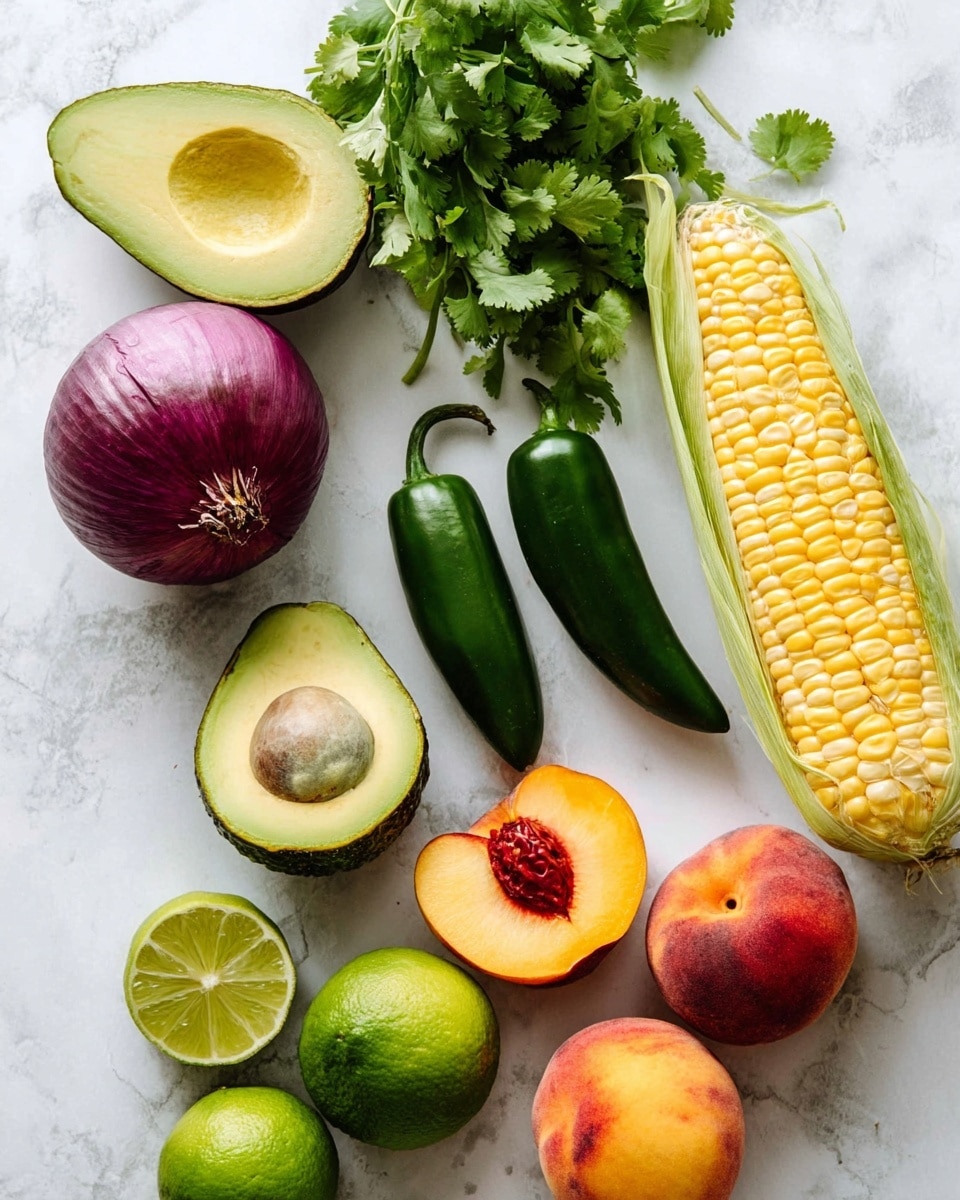 The image shows fresh ingredients placed on a white marbled surface. There are two halves of a green avocado with a smooth, light green inside, one half containing the brown seed. Next to them are two dark green jalapeño peppers with smooth shiny skin. There is a long ear of corn with yellow kernels still in light green husk on the right side. Fresh cilantro leaves with bright green jagged edges are on the top left and bottom left areas. A whole purple onion with a shiny surface is near the top left. Two halves of a green lime show the juicy inside near the bottom left. Three peaches, two halved showing the deep orange flesh with reddish-brown pits and one whole with a fuzzy orange-red skin, are clustered near the center bottom. photo taken with an iphone --ar 4:5 --v 7