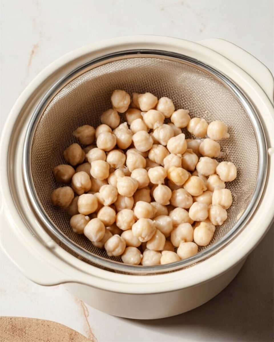 A white strainer basket filled with round, light beige chickpeas sits inside a white pot. The chickpeas have a smooth texture and are piled loosely to cover the bottom of the basket. The pot and strainer are placed on a white marbled surface with soft lighting. Photo taken with an iphone --ar 4:5 --v 7