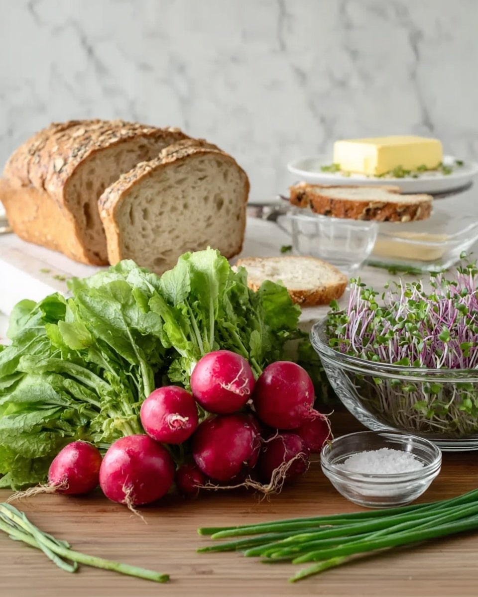 The image shows a bunch of fresh radishes with red round bulbs and green leafy tops in the center, placed on a smooth wooden table with a white marbled background. To the right is a clear glass bowl filled with green and purple microgreens. Behind the radishes, slices of light beige bread with seeds rest on a white plate, and a few slices of a darker seed bread sit on another white plate to the left. A clear glass butter dish with yellow butter is placed behind the radishes. A small clear glass bowl of white salt is near some green onions with long green stalks on the left side. The scene is well lit, showing off the colors and textures naturally. Photo taken with an iphone --ar 4:5 --v 7