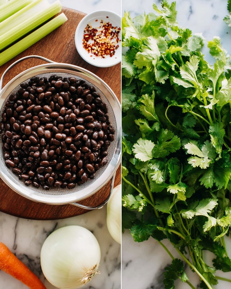 The image shows a close-up of a white colander filled with shiny dark brown beans, placed on a round wooden board on a white marbled surface. Surrounding the colander are cut vegetables including two white onion halves at the bottom, a couple of celery stalks to the left, and a bright orange carrot near the top left corner. On the right side of the image, there is a bunch of fresh green cilantro leaves scattered on the white marbled surface, showing rich green color and detailed leaf texture. In the top left corner, there is a small white bowl filled with crushed garlic, red chili flakes, and a light brown spice, placed on the white marbled surface. photo taken with an iphone --ar 4:5 --v 7