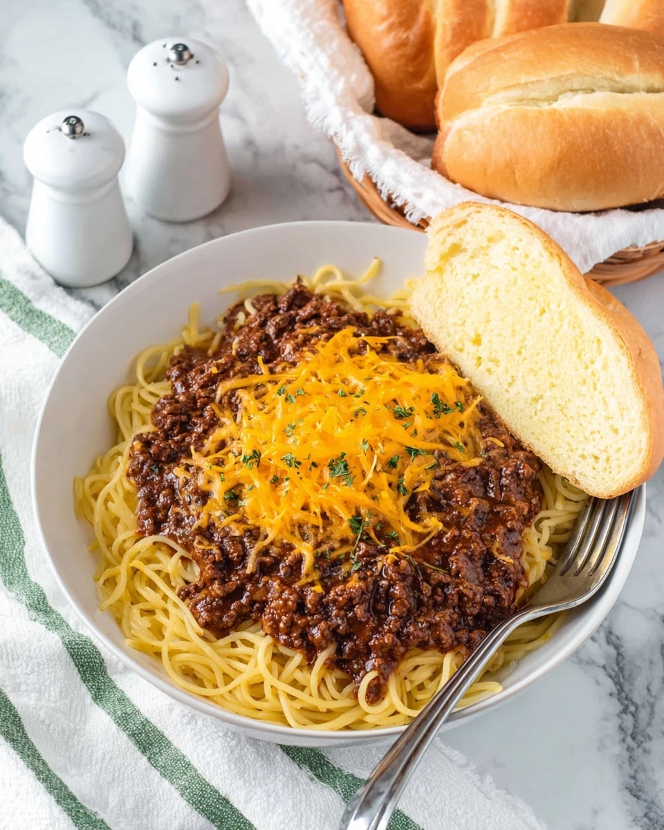A white bowl filled with a bed of light yellow spaghetti noodles forms the base layer. On top, there is a thick layer of dark brown ground meat sauce with visible bits of onion. The sauce is covered with melted orange cheddar cheese, with some grated cheese scattered on top. A slice of light golden crusty bread leans on the edge of the bowl. A silver fork rests inside the bowl on the right side. Behind the bowl, there is a basket holding more slices of the same bread and two white salt and pepper shakers on a white cloth with green stripes. The setting is on a white marbled surface. photo taken with an iphone --ar 4:5 --v 7