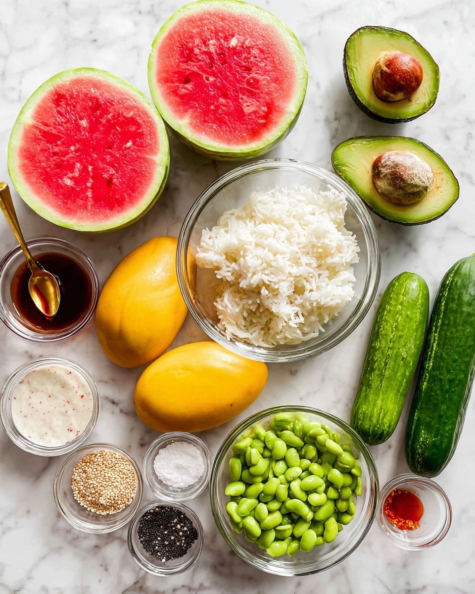 The image shows a white marbled surface with several fresh ingredients arranged neatly. Two halves of a watermelon with bright red flesh and green rind sit at the top. Below them are two halved avocados, one with a seed inside and one without. A glass bowl in the center holds a serving of fluffy white rice. To the right of the rice are two small whole cucumbers and a glass bowl filled with bright green edamame beans. Near the bottom left are two ripe yellow mangoes. Small glass bowls containing sauces (one dark brown with a golden spoon, one white creamy with a red sauce), clear liquid, salt, and a mix of black and white sesame seeds are spread around the other ingredients. The photo taken with an iphone --ar 4:5 --v 7