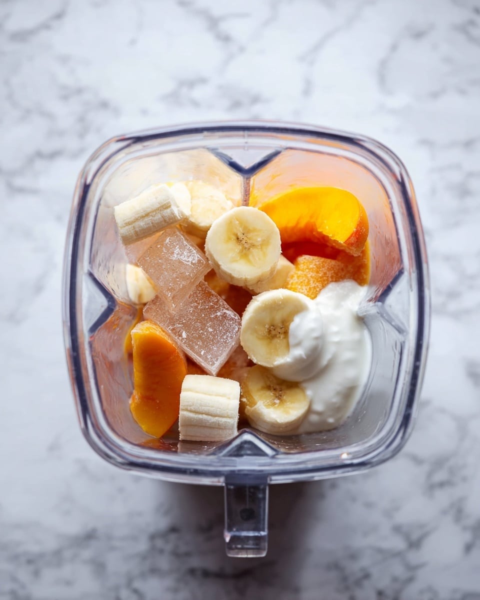 The image shows a clear blender jar placed on a white marbled surface, filled with frozen fruit and yogurt layers. At the bottom, there are orange peach slices mixed with a dollop of thick white yogurt on the right side. Above this, several pieces of frozen banana chunks are scattered along with translucent ice pieces mainly on the left and back. The frozen fruit and ice create a colorful, textured mix inside the transparent jar. Photo taken with an iphone --ar 4:5 --v 7