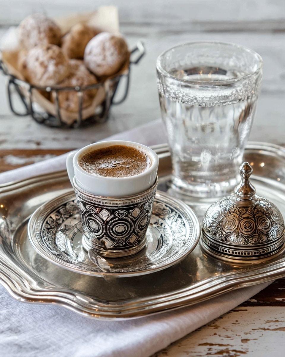 A small white cup filled with dark brown coffee topped with a thin layer of foam, placed inside a silver holder decorated with black circular patterns, sits on a matching silver saucer. Both rest on an ornate silver tray with curved edges. To the right is a clear glass of water with intricate designs and a silver lid with similar circular patterns sits beside the cup. In the background, a wire basket holds pale brown, powdery round cookies. The whole setup is placed on a white cloth over a white marbled surface. photo taken with an iphone --ar 4:5 --v 7