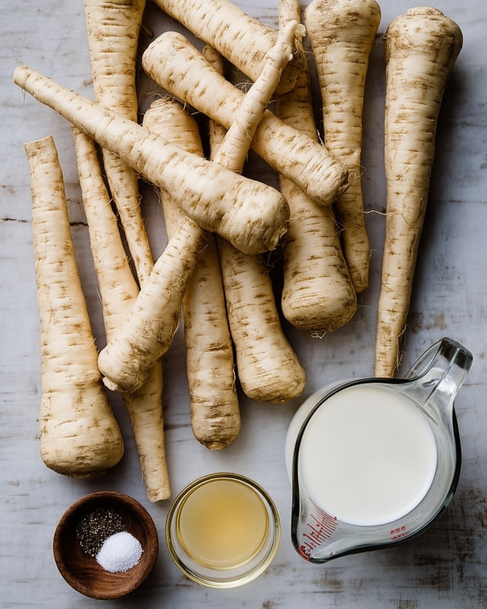 Many pale beige parsnips with rough texture and tapered shapes are spread out on a white marbled surface, some overlapping each other. To the right of the parsnips, there is a clear glass measuring cup filled with white milk, a small round glass bowl with a light yellow liquid, and another small clear bowl holding white salt and black pepper. The image shows a simple arrangement of fresh ingredients with natural colors and soft lighting, photo taken with an iphone --ar 4:5 --v 7