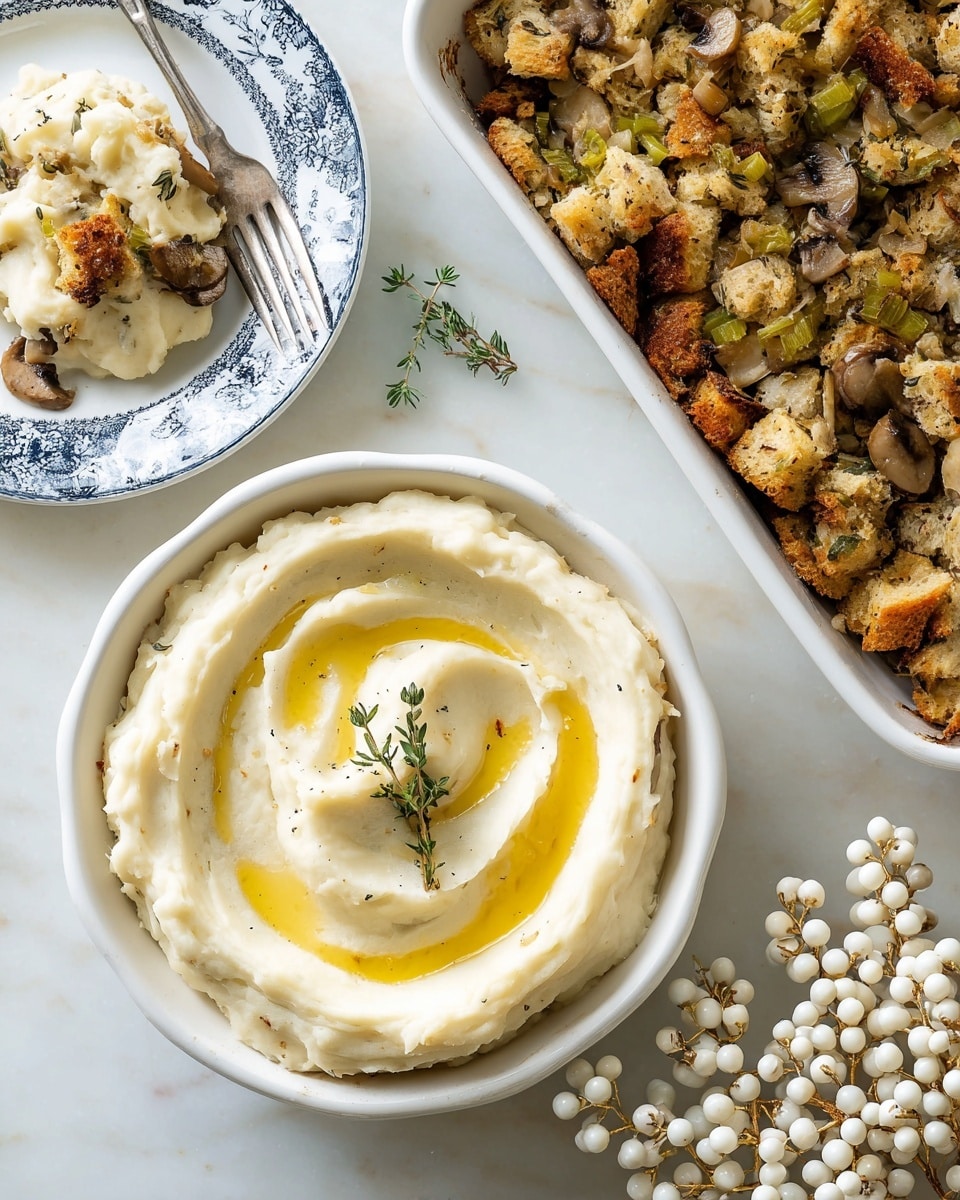 The image shows a creamy bowl of mashed potatoes with a smooth, thick texture, topped with a swirl of golden melted butter and a small green thyme sprig resting on top. To the top right, a white baking dish filled with stuffing is visible, featuring chunks of toasted bread in light brown mixed with bits of mushrooms and green celery pieces. On the top left, a white plate with a blue patterned rim holds a small serving of the stuffing with a silver fork resting beside it. The whole setting is on a white marbled surface with a cluster of white bead berries placed to the bottom right. Photo taken with an iphone --ar 4:5 --v 7
