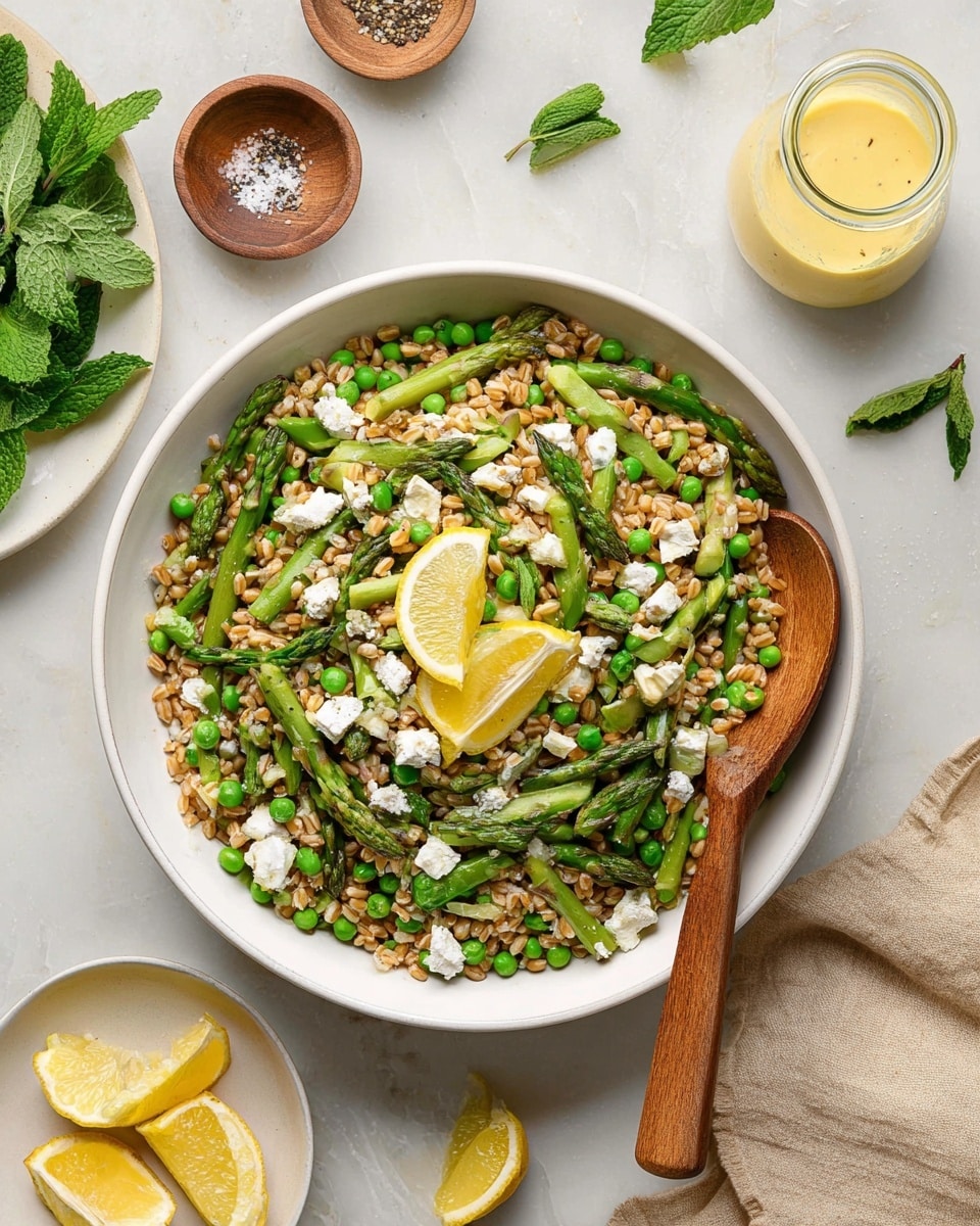 A white bowl filled with a fresh salad showing three main layers: a base of light brown wheat berries with a chewy texture, mixed with bright green peas and slightly darker green asparagus cut into pieces, topped with small white crumbled cheese pieces scattered evenly, and garnished with thin bright yellow lemon slices placed on top. A wooden spoon rests inside the bowl on the right side. The bowl sits on a white marbled surface, surrounded by small white dishes holding lemon slices and cheese, a small jar of pale yellow dressing with a metal spoon inside, a small wooden bowl with coarse salt and black pepper, a plate of fresh green mint leaves at the upper left, and a beige cloth napkin on the bottom right. photo taken with an iphone --ar 4:5 --v 7