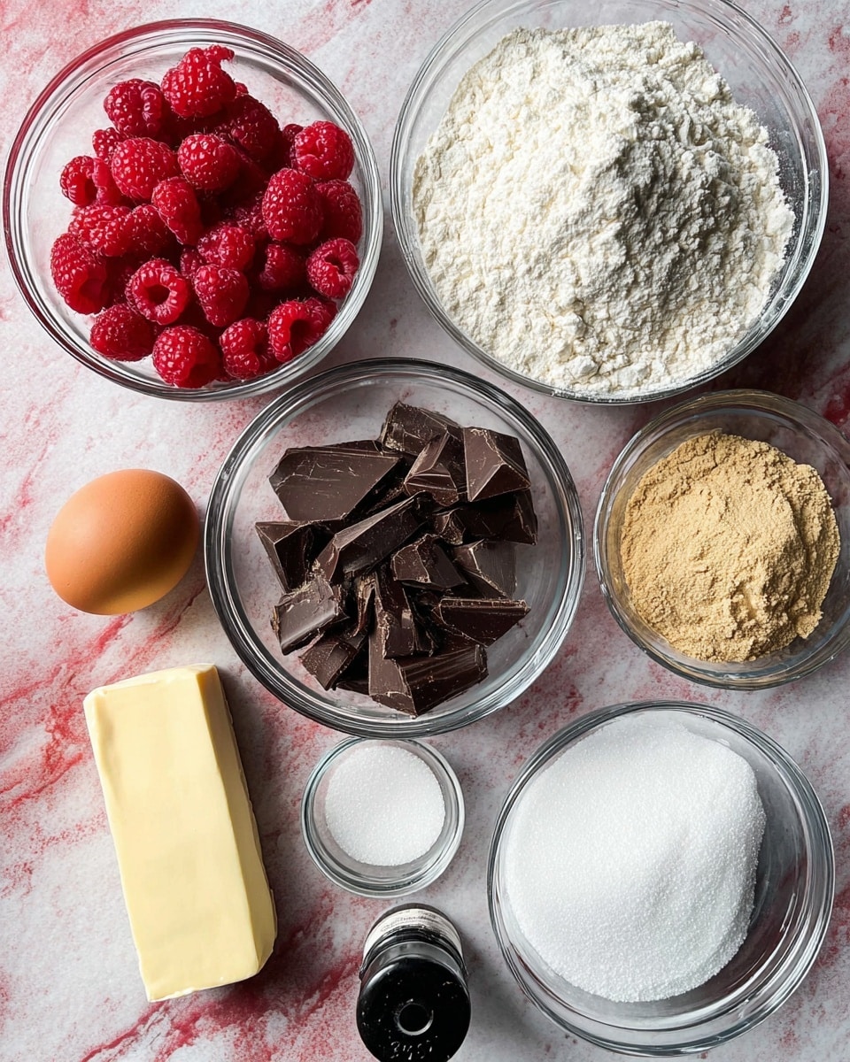 The image shows various baking ingredients placed on a white marbled surface. There is a clear glass bowl filled with white flour at the top center. To its left, another clear glass bowl holds fresh red raspberries. Below the flour, a clear glass bowl contains large dark chocolate chunks. To the right of the flour, there is a clear glass bowl with white sugar, and next to it, another clear glass bowl holds light brown sugar. Between the sugar bowls and the chocolate, one brown egg sits directly on the surface. At the bottom left, there is an unwrapped stick of pale yellow butter, and near it, a small dark bottle with a black cap, likely vanilla extract. In the bottom right, a clear glass bowl contains white baking powder and salt. The red background has been changed to a white marbled texture. Photo taken with an iphone --ar 4:5 --v 7