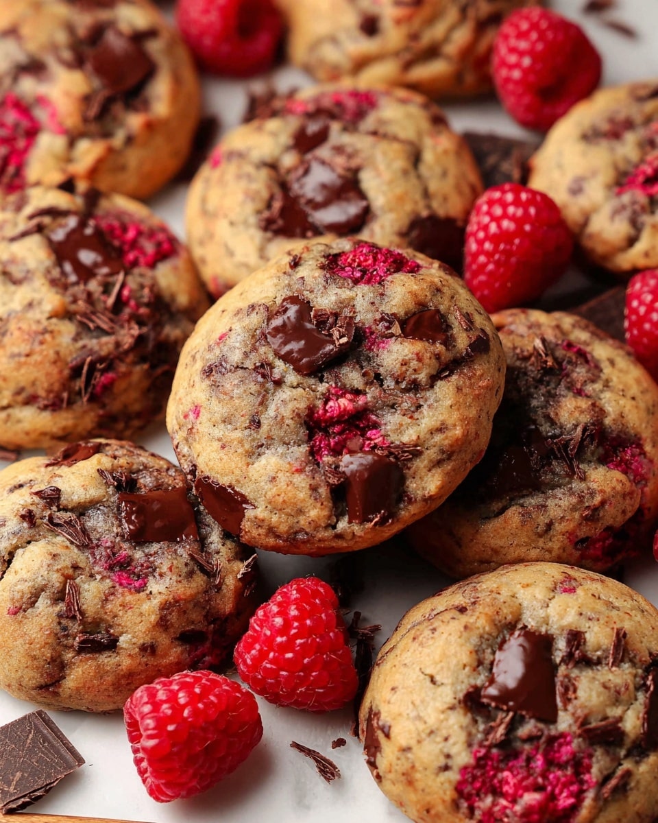 A close-up view of many round cookies stacked closely together on a white marbled surface, each cookie golden brown with rough texture and mixed with deep red raspberry pieces and dark, melted chocolate chunks. The raspberry seeds and soft berries blend into the cookie dough, creating bright red spots, while rich shiny chocolate pieces peek out from the tops and sides. Fresh raspberries are scattered around the cookies, adding vibrant red color contrast. Small bits of dark chocolate shavings lie scattered between the cookies, all illuminated with soft natural light. photo taken with an iphone --ar 4:5 --v 7