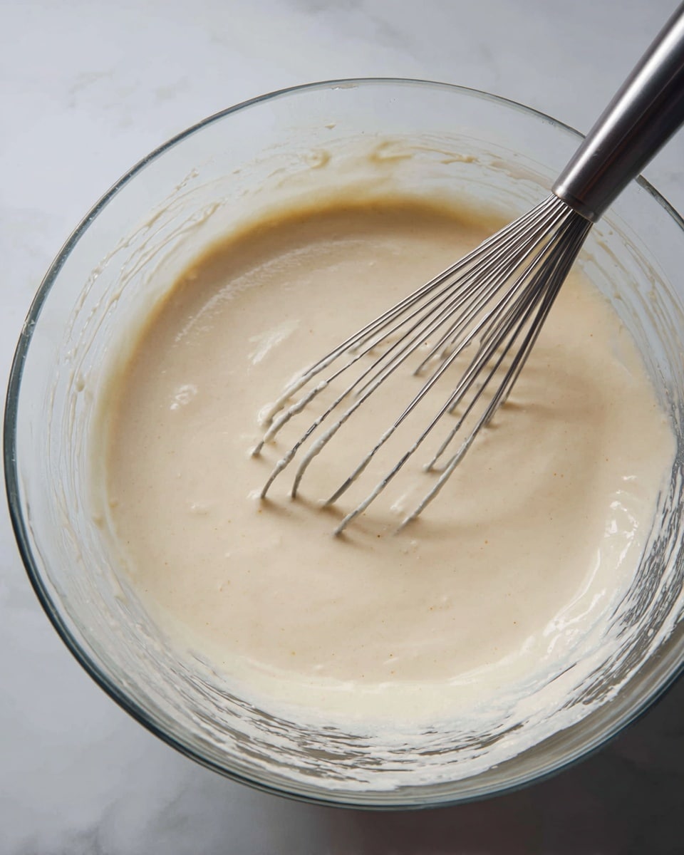 A clear glass bowl filled with light cream-colored batter, showing a smooth and slightly thick texture. Inside the bowl, a metal whisk is partly submerged in the batter, with some batter clinging to its wires. The clear glass bowl has a shiny surface with some batter streaks around its inside edges. The background is a white marbled texture. photo taken with an iphone --ar 4:5 --v 7