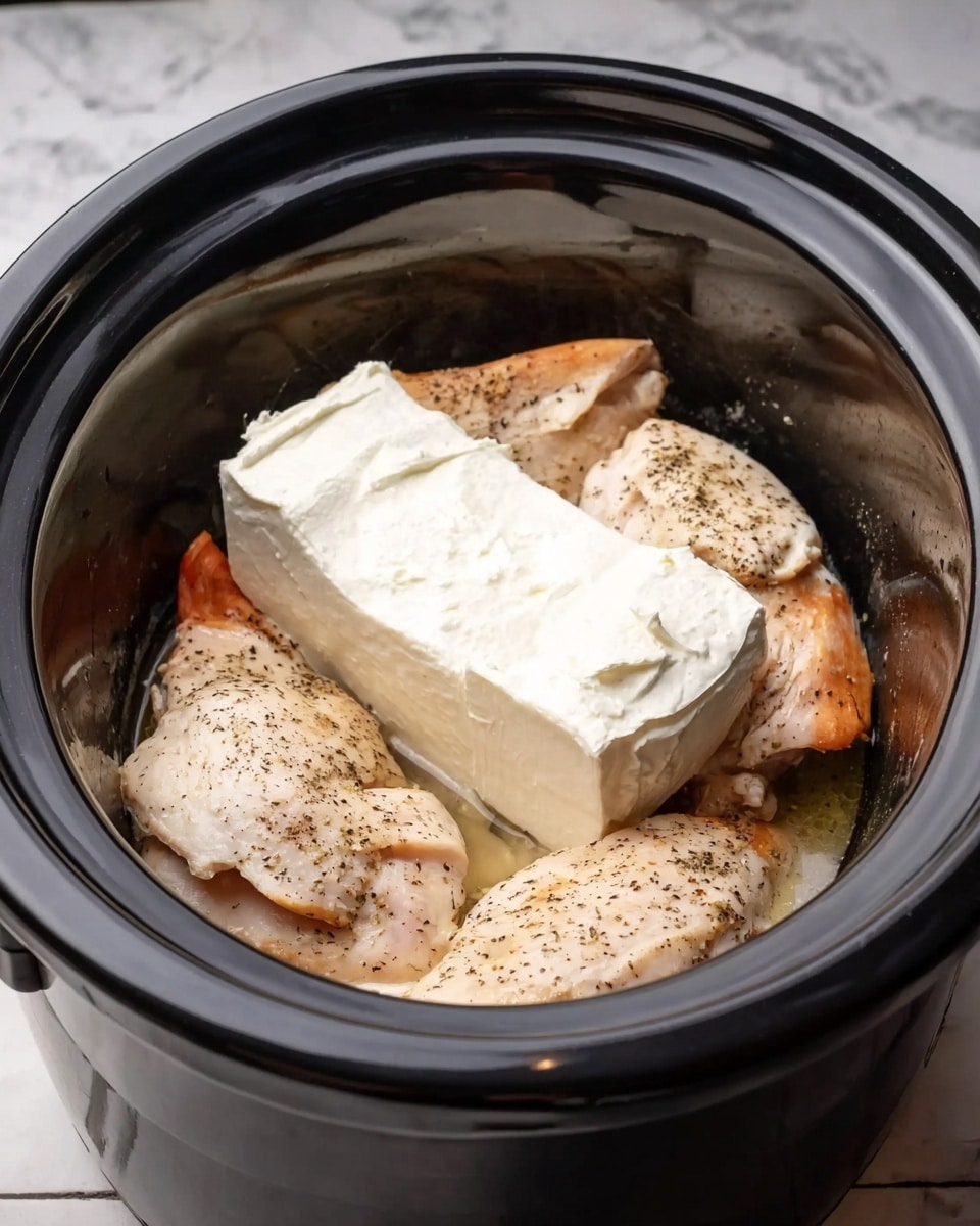 Inside a black slow cooker, there are four pieces of cooked chicken with a light brown color and sprinkled black pepper on top, placed on the bottom layer. On top of the chicken, there is a large block of soft, white cream cheese positioned in the center. The surface beneath the cooker has a white marbled texture in the background. photo taken with an iphone --ar 4:5 --v 7