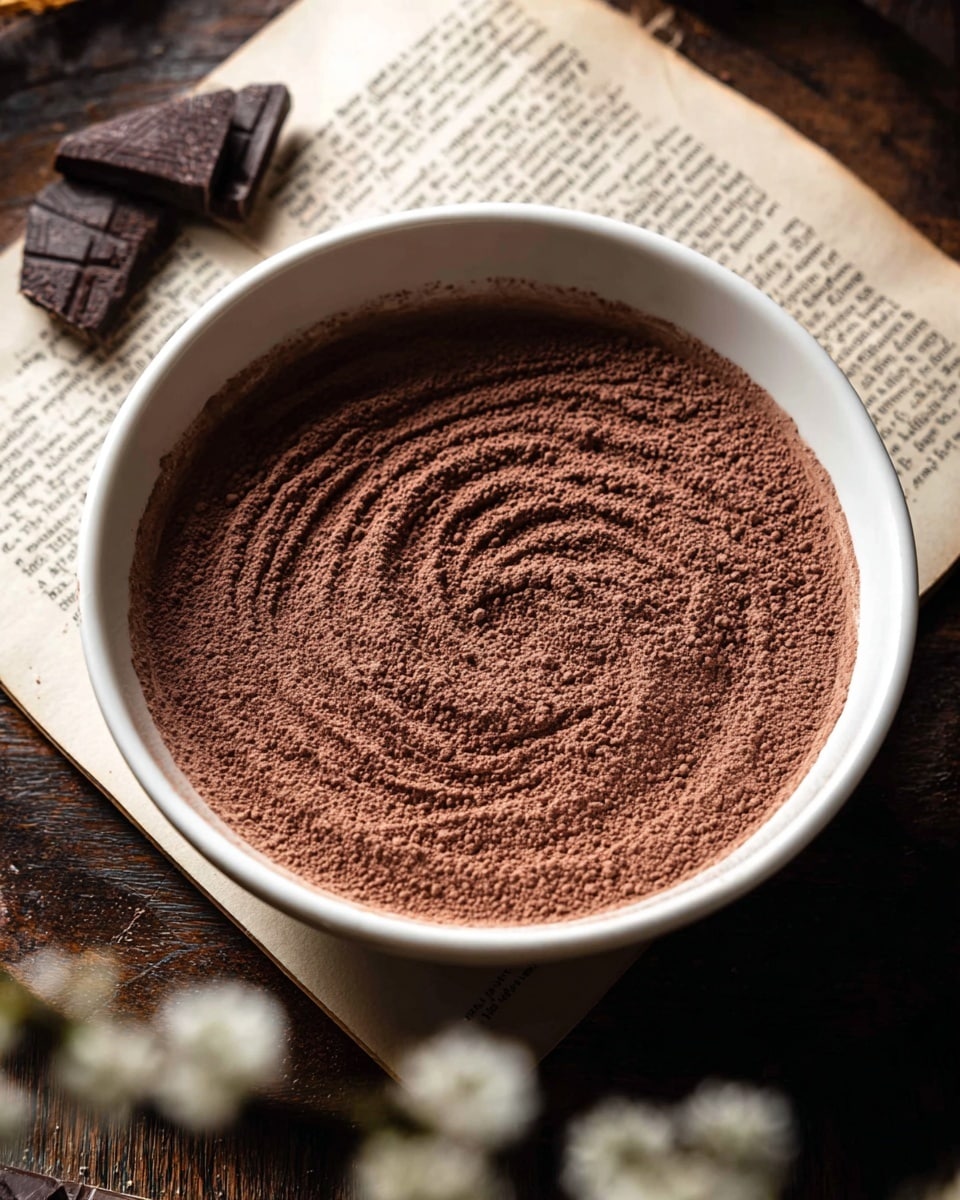 A white bowl filled with a thick, finely textured layer of brown cocoa powder, forming gentle swirl patterns on the surface, sits on a dark wooden table. Around the bowl, there are a few pieces of dark chocolate and a partially visible old book page with printed text. Some small, soft-focus white flowers blur in the foreground, adding a delicate touch. The scene is lit softly, emphasizing the rich color and powdery texture of the cocoa. Photo taken with an iphone --ar 4:5 --v 7