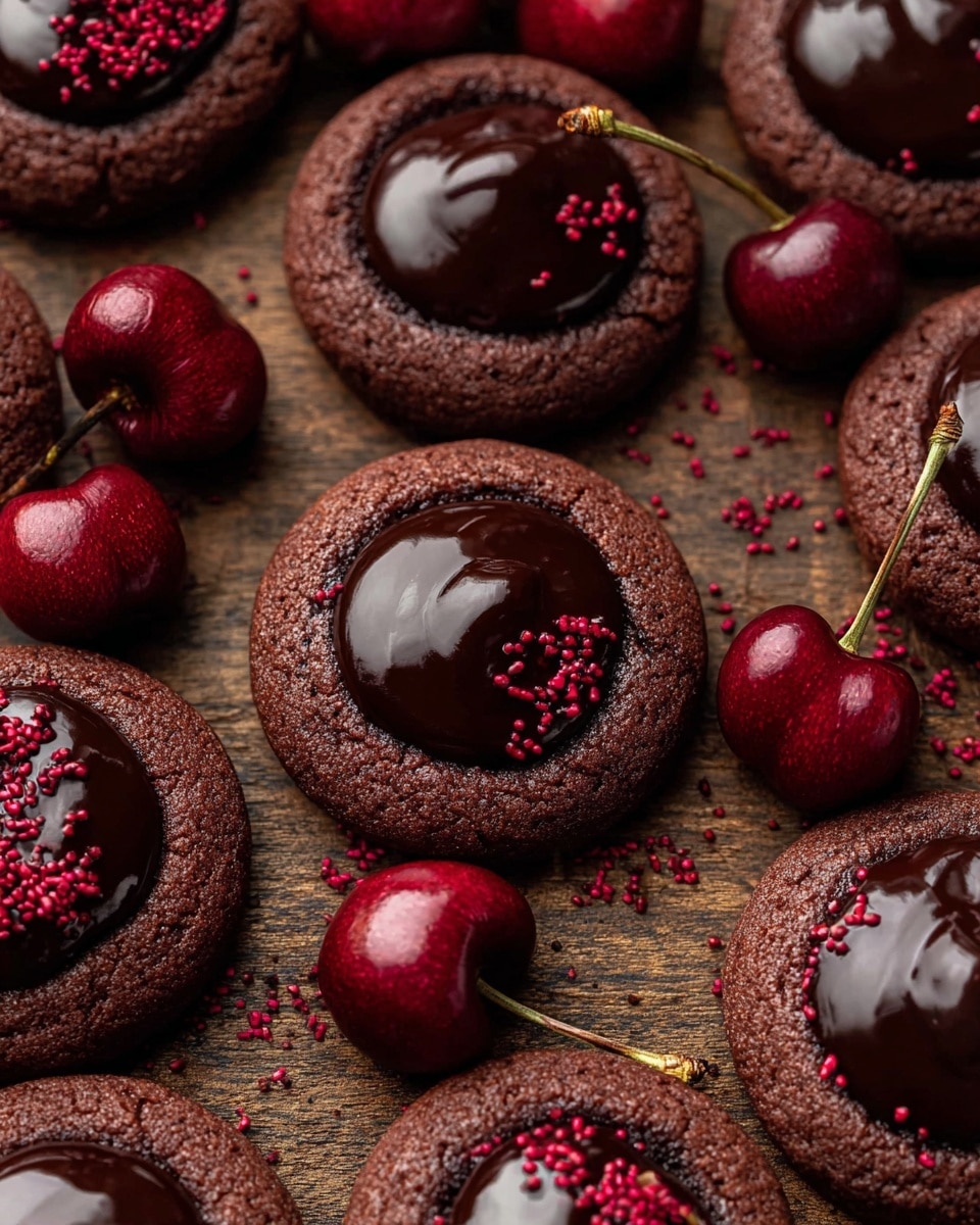 The image shows several round chocolate cookies laid out on a wooden surface, each with a thick, glossy layer of dark chocolate in the center. The cookie base is deep brown with a slightly rough texture, while the chocolate on top is smooth and shiny, almost liquid-like. Some cookies have tiny red sprinkles on one side of the chocolate layer, adding a pop of color. Scattered between the cookies are fresh, whole cherries, deep red with smooth, shiny skin and stems attached. photo taken with an iphone --ar 4:5 --v 7