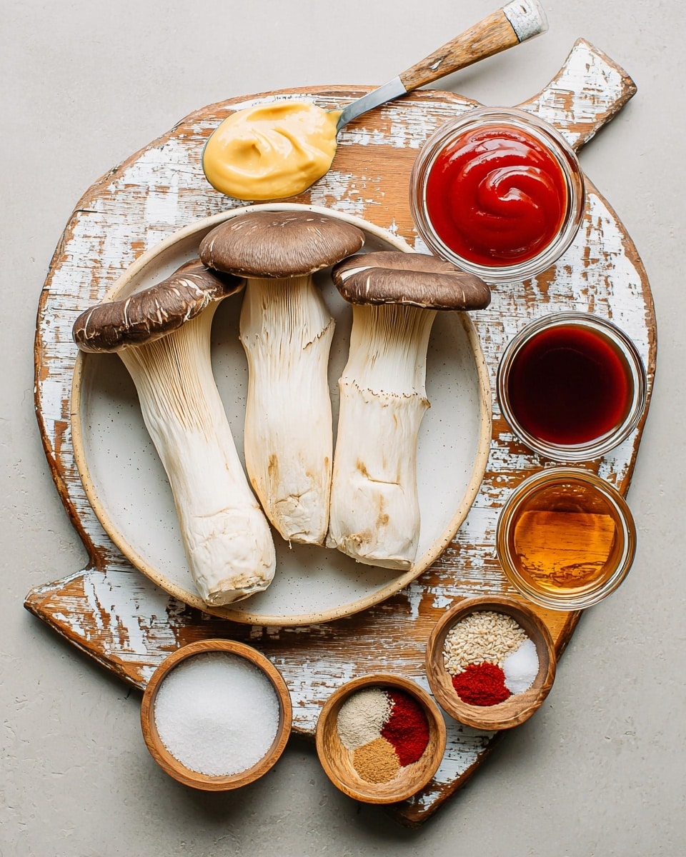 Three large king oyster mushrooms with thick white stems and dark brown caps lie side by side in a round white plate set on a wooden board with white paint splatter. Above the mushrooms, a silver spoon with a wooden handle holds a dollop of light yellow mustard. To the right on the wooden board, there is a small round white bowl filled with bright red ketchup and nearby a small glass bowl containing amber-colored honey. Below the mushrooms, several small round white bowls and wooden spoons hold various ingredients including dark soy sauce, white sugar, light beige powder, and red chili powder. The setup is on a white marbled surface. photo taken with an iphone --ar 4:5 --v 7