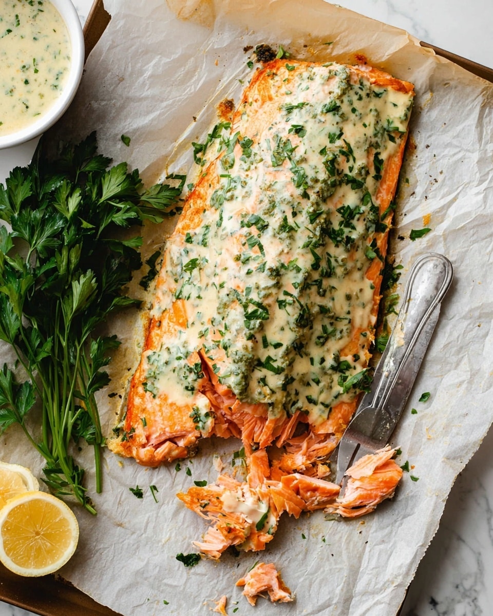 A large piece of cooked pink salmon fillet lies on parchment paper over a baking tray, topped with a creamy herb sauce that is off-white with chopped green herbs spread evenly across the surface. The salmon is partially broken apart near the bottom right, showing flaky, moist layers of orange fish. A silver fork holds a small chunk of salmon and sauce. Beside the tray, fresh green parsley sprigs lay on a white marbled surface, along with a halved lemon and a white bowl containing the same herb sauce. Photo taken with an iphone --ar 4:5 --v 7