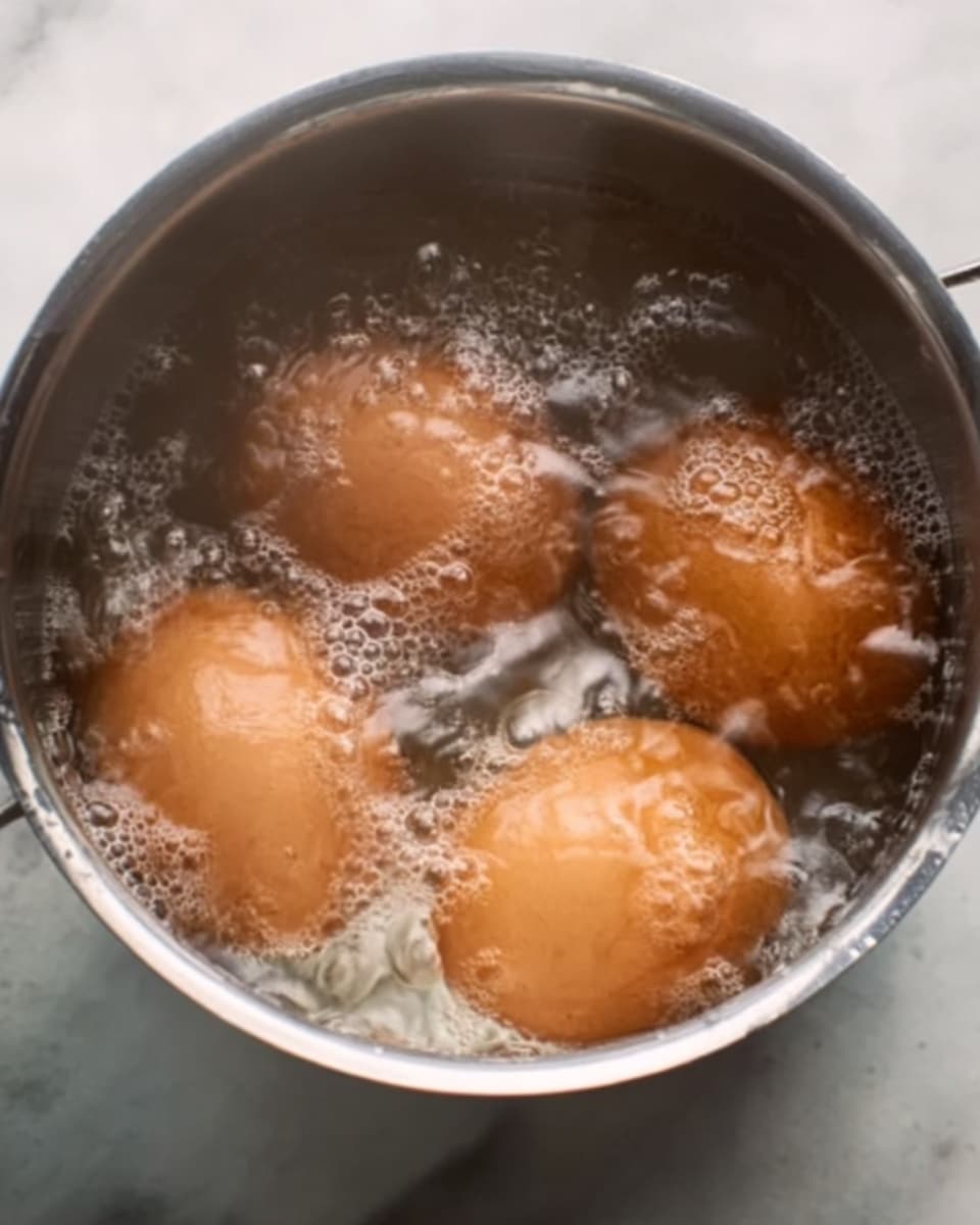 The image shows four brown eggs boiling in clear water inside a silver pot. The water has bubbles, showing it is boiling strongly. The eggs are partially submerged with some parts of their smooth shells visible above the water. The pot rim is visible near the top of the image, and the inside of the pot is shiny metal. The whole scene is simple and focused on the eggs boiling in the pot against a white marbled texture background. photo taken with an iphone --ar 4:5 --v 7