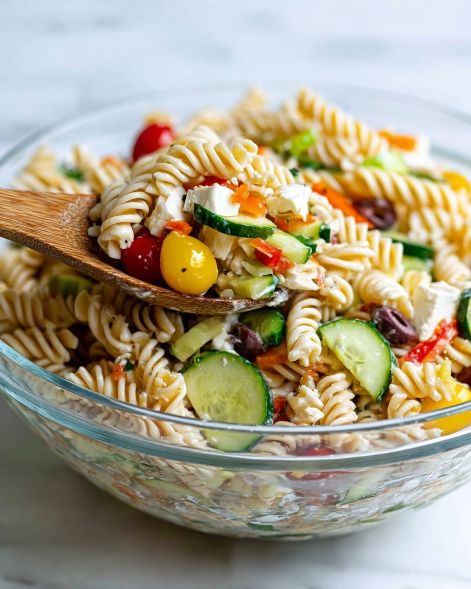 A clear glass bowl filled with a colorful pasta salad sits on a white marbled surface. The salad has three main layers: thick, beige twisted rotini pasta at the top showing a firm texture; mixed vegetables like thin green cucumber slices, small yellow cherry tomato halves, red bell pepper pieces, and green bell pepper slices scattered evenly through the middle; and small pieces of white mozzarella cheese and black olive slices mixed throughout at the bottom. A wooden spoon is lifting a portion of the salad, showing all layers together in detail. Photo taken with an iphone --ar 4:5 --v 7