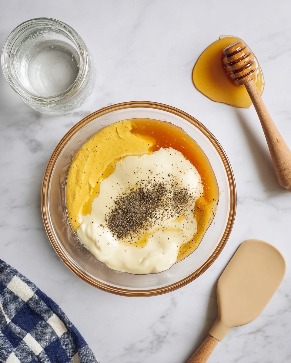 A clear glass bowl sits on a white marbled surface and holds several layers: at the bottom is a light creamy layer with a soft texture, to the left is a thick, smooth mustard-yellow layer, to the right is a syrupy golden-orange layer, and on top of the creamy layer is a small pile of finely ground black pepper. Nearby, there is a small glass jar with water, a beige silicone spatula with a wooden handle, a honey dipper with some honey dripping, and a navy blue and white checkered cloth partially visible at the corner. Photo taken with an iphone --ar 4:5 --v 7