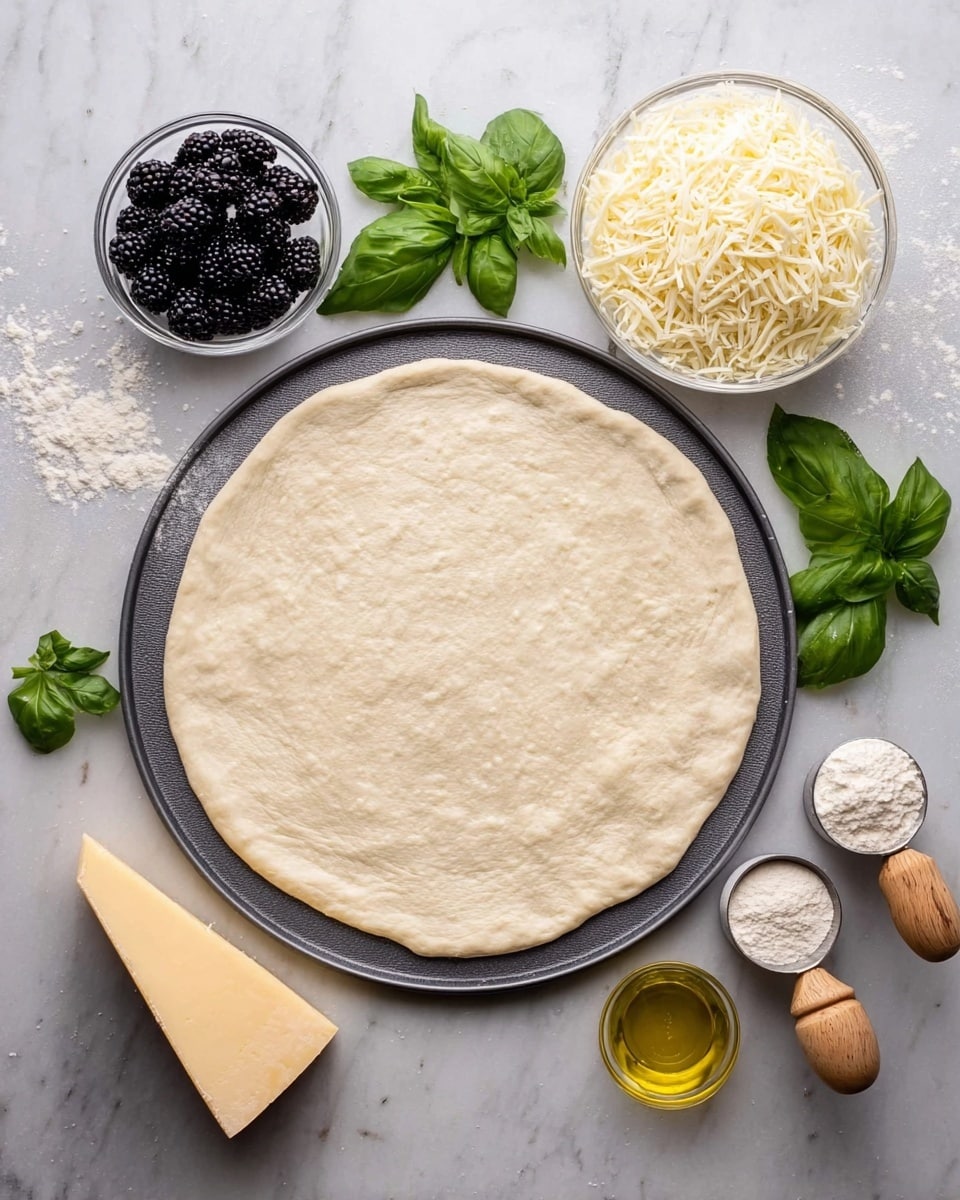 A round, pale off-white pizza dough is laid flat on a grey pizza pan in the center of the image. To the right, there is a clear bowl filled with white shredded cheese, a small measuring cup with white flour, and another small measuring cup containing golden olive oil, all with wooden handles. On the left side, a wedge of pale yellow cheese and a small clear bowl holding blackberries sit next to a few fresh green basil leaves scattered around. The background is a white marbled surface. Photo taken with an iphone --ar 4:5 --v 7