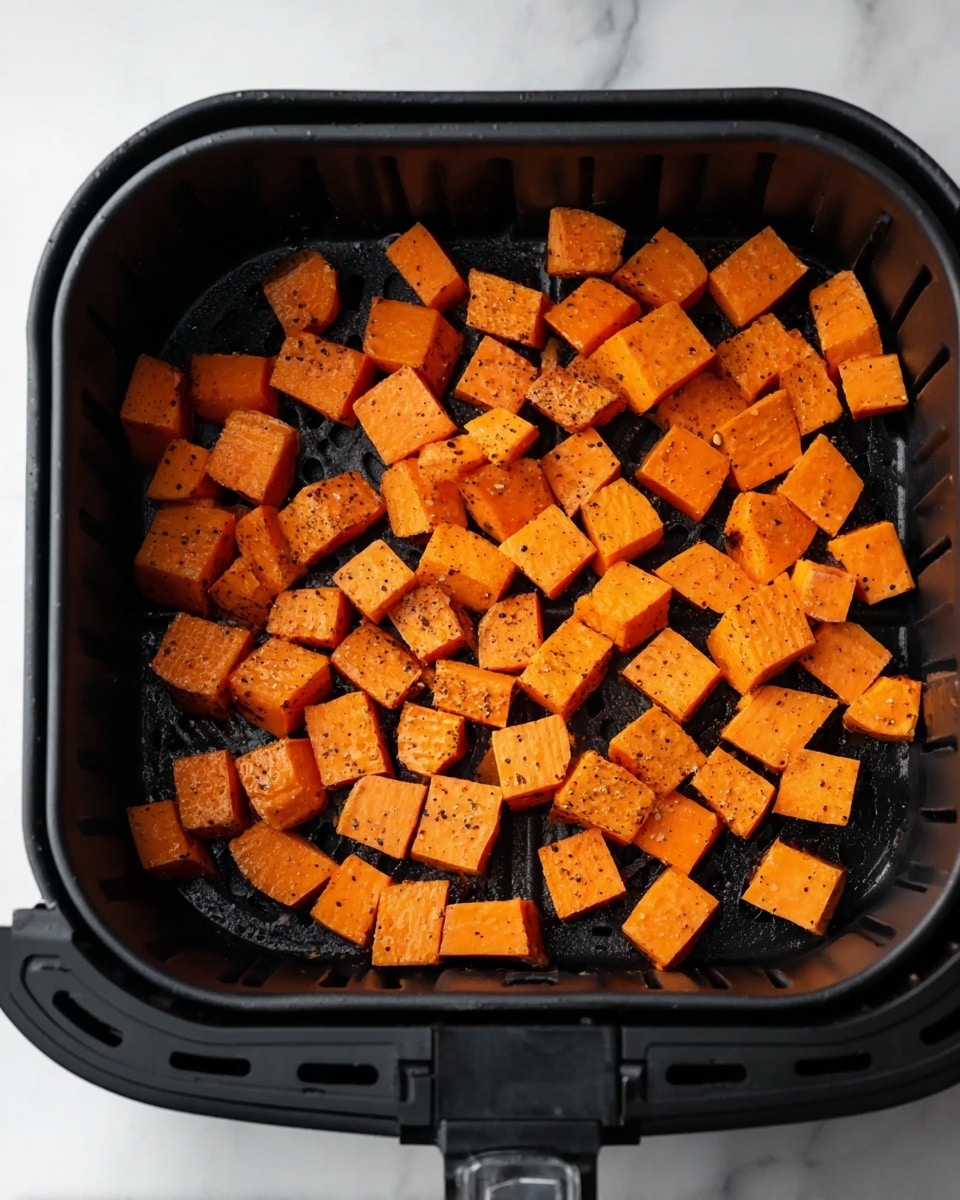 Inside a black air fryer basket, there is one layer of small, evenly cut orange sweet potato cubes scattered loosely. The cubes are coated lightly with black pepper specks and appear fresh and slightly glossy from oil. The air fryer basket has a textured bottom with ventilation holes and ridges visible beneath the sweet potatoes. The whole setup is placed on a white marbled surface. Photo taken with an iphone --ar 4:5 --v 7