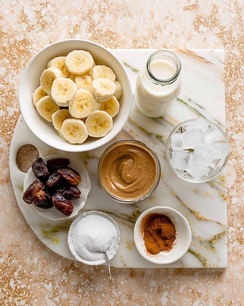A white bowl filled with round slices of yellow banana sits on a white marble board that has greenish and gold flakes and a round cutout handle at the top right; next to the bowl on the board is a small white bowl of light brown almond butter and below it a white bowl with small chopped dark brown dates; a short glass of light beige powder is beside a small white ceramic bowl with white salt on the table; on the right side of the board is a small white ceramic bowl with brown cinnamon powder, a clear glass of white ice cubes, and a glass bottle filled with white milk, all set on a white marbled texture surface photo taken with an iphone --ar 4:5 --v 7
