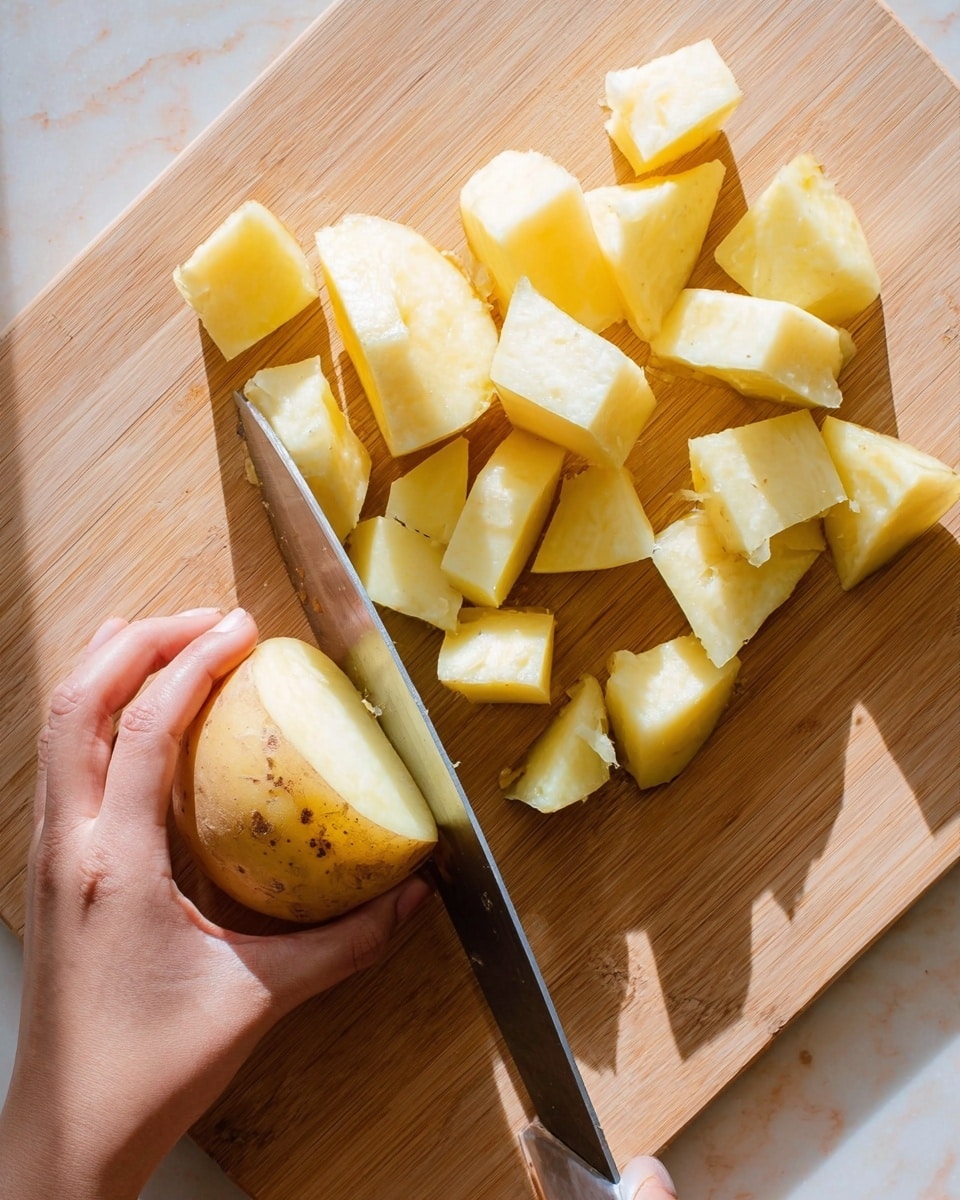 The image shows a close-up of a woman's hand holding a potato while slicing it with a large knife on a wooden board. Several pieces of potato, cut into chunky cubes, are spread on the board above the potato being sliced, showing the smooth, light yellow inside and pale brown skin with a few dark spots. The lighting is bright and natural, highlighting the texture and freshness of the potatoes and the gentle grip of the woman's hand. The surface beneath is a white marbled texture. Photo taken with an iphone --ar 4:5 --v 7